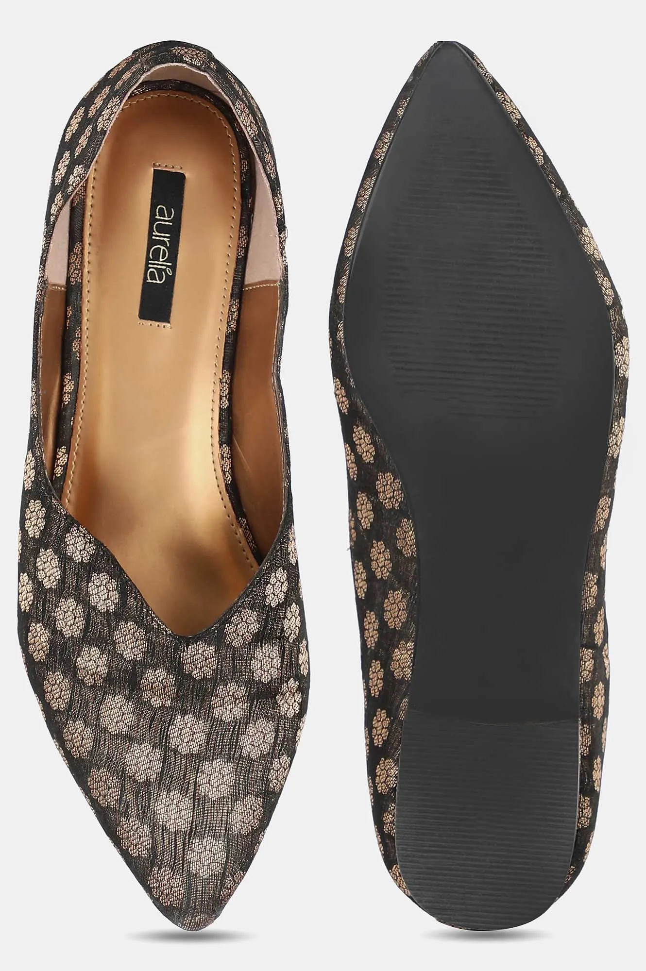 Aurelia Black Gold Pointed Toe Self Design Flat - ZNOVAH