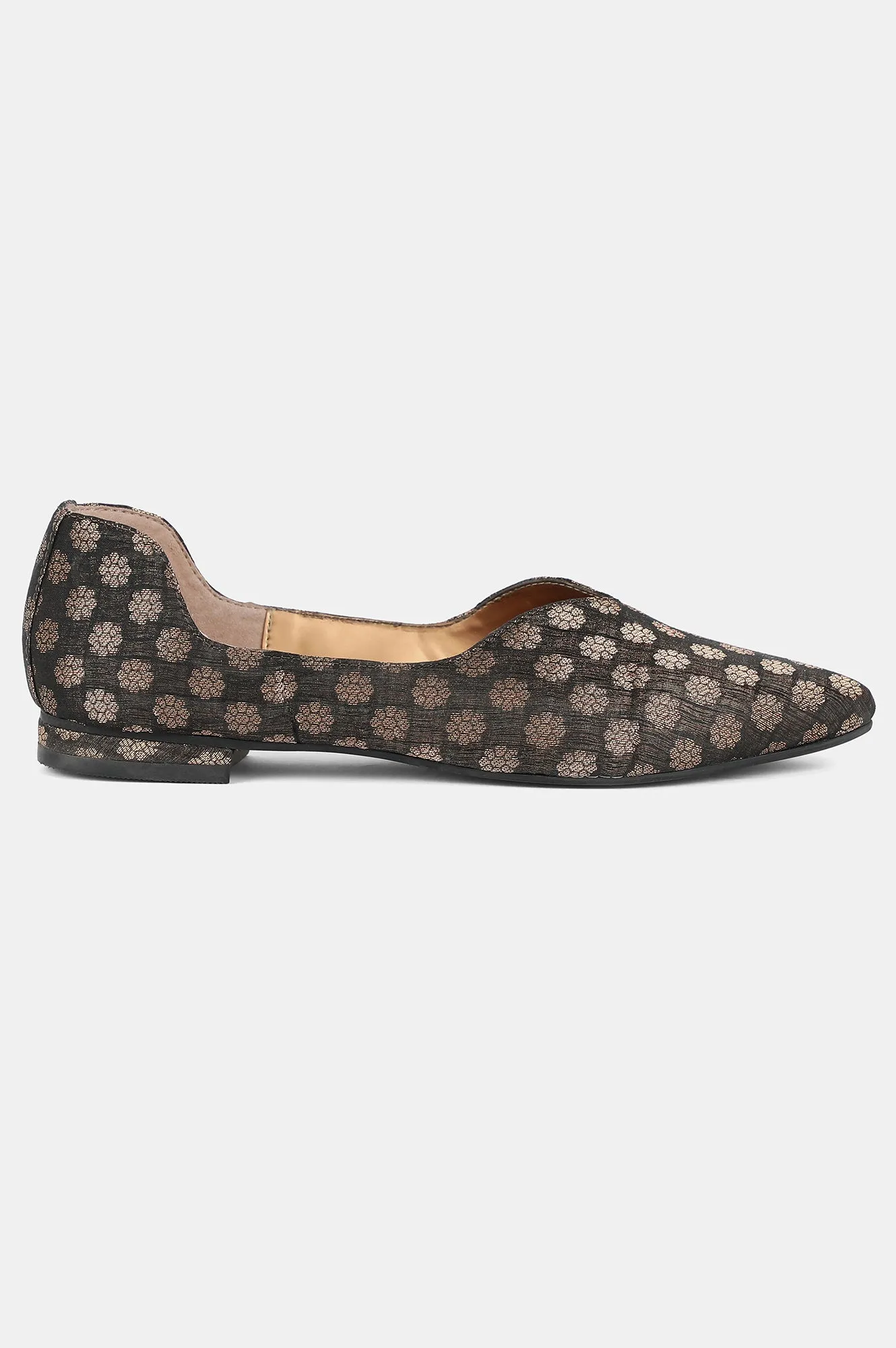 Aurelia Black Gold Pointed Toe Self Design Flat - ZNOVAH