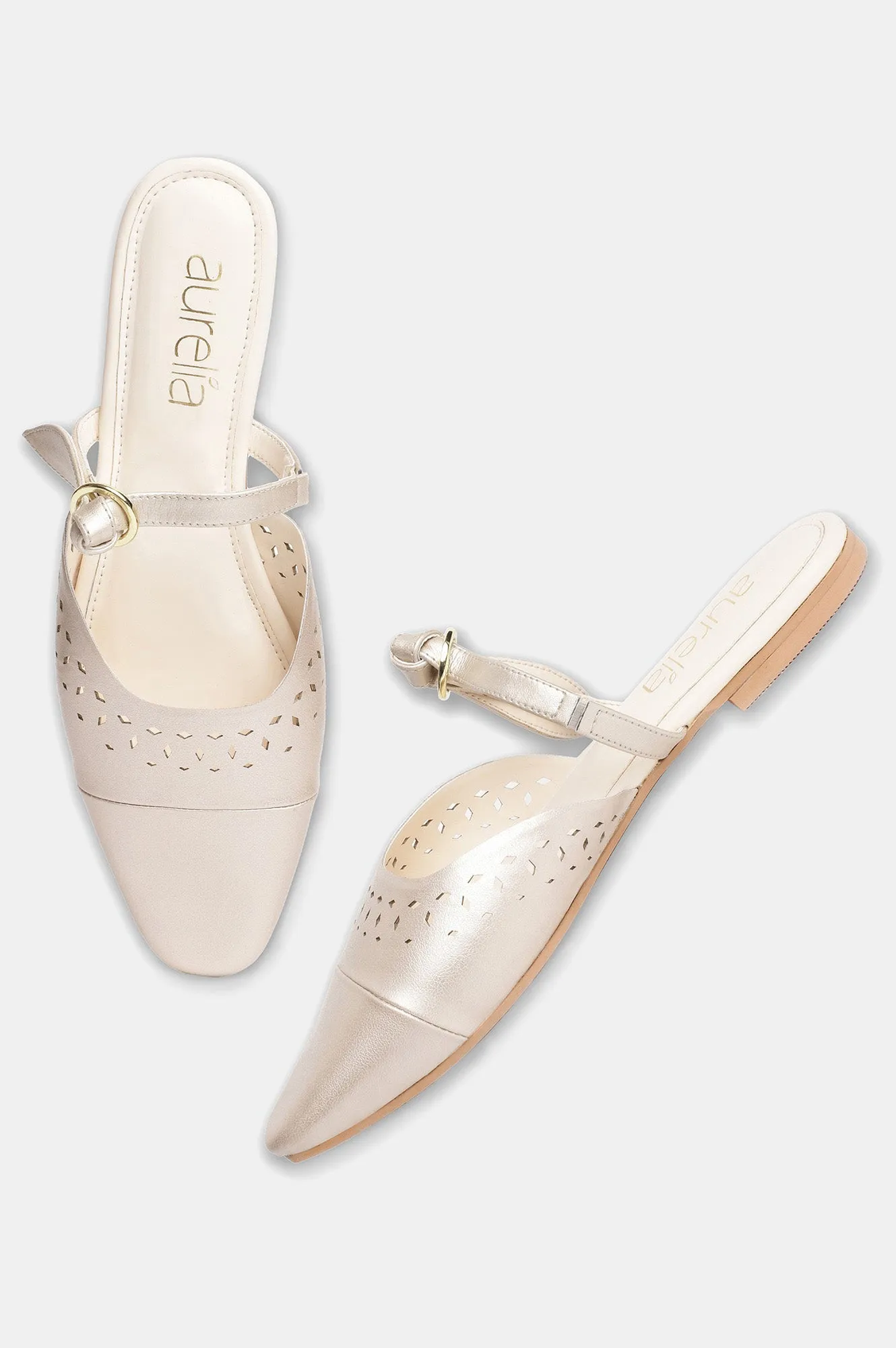 Aurelia Laser Cut Gold Square Toe Flat