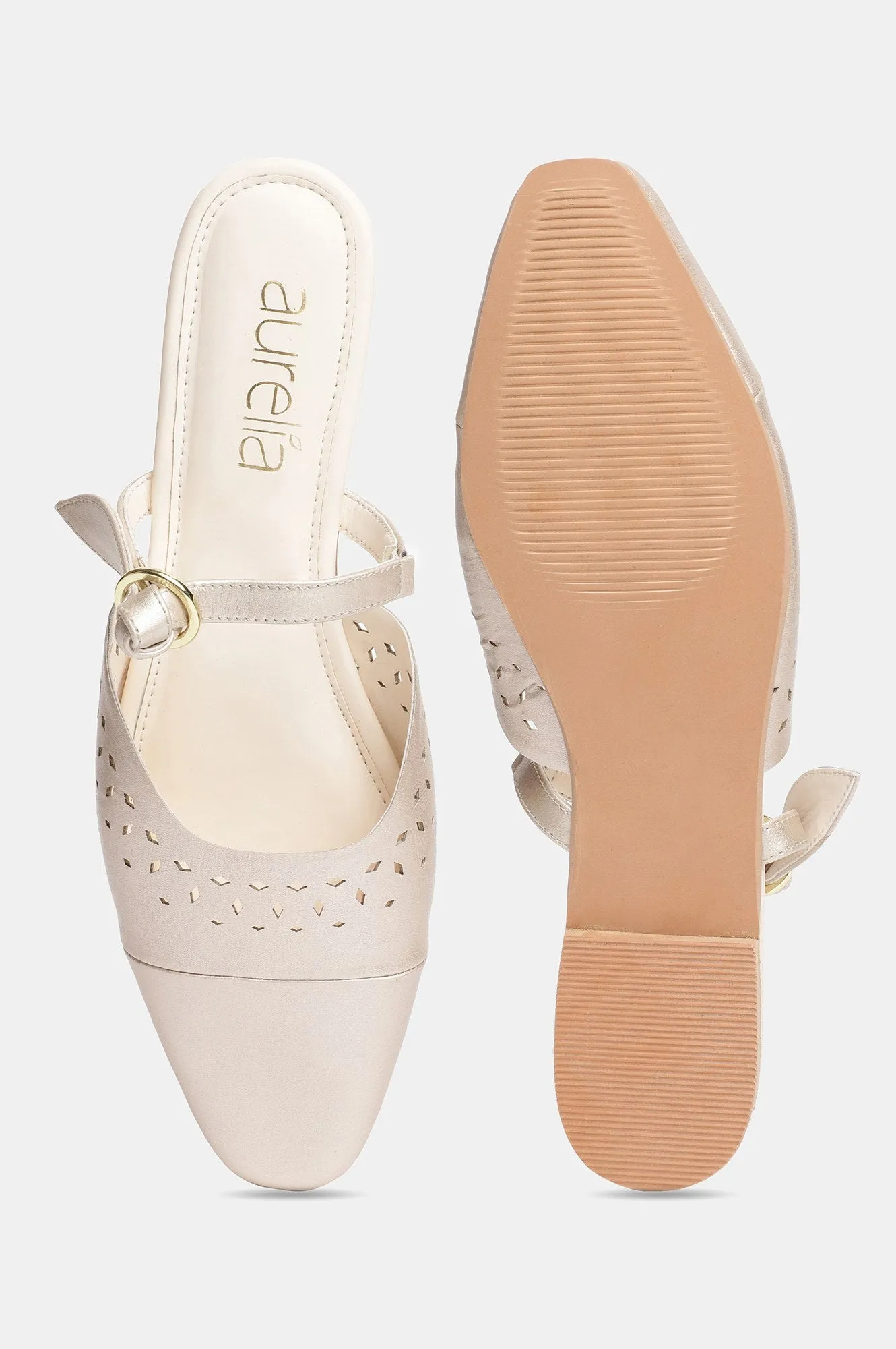Aurelia Laser Cut Gold Square Toe Flat