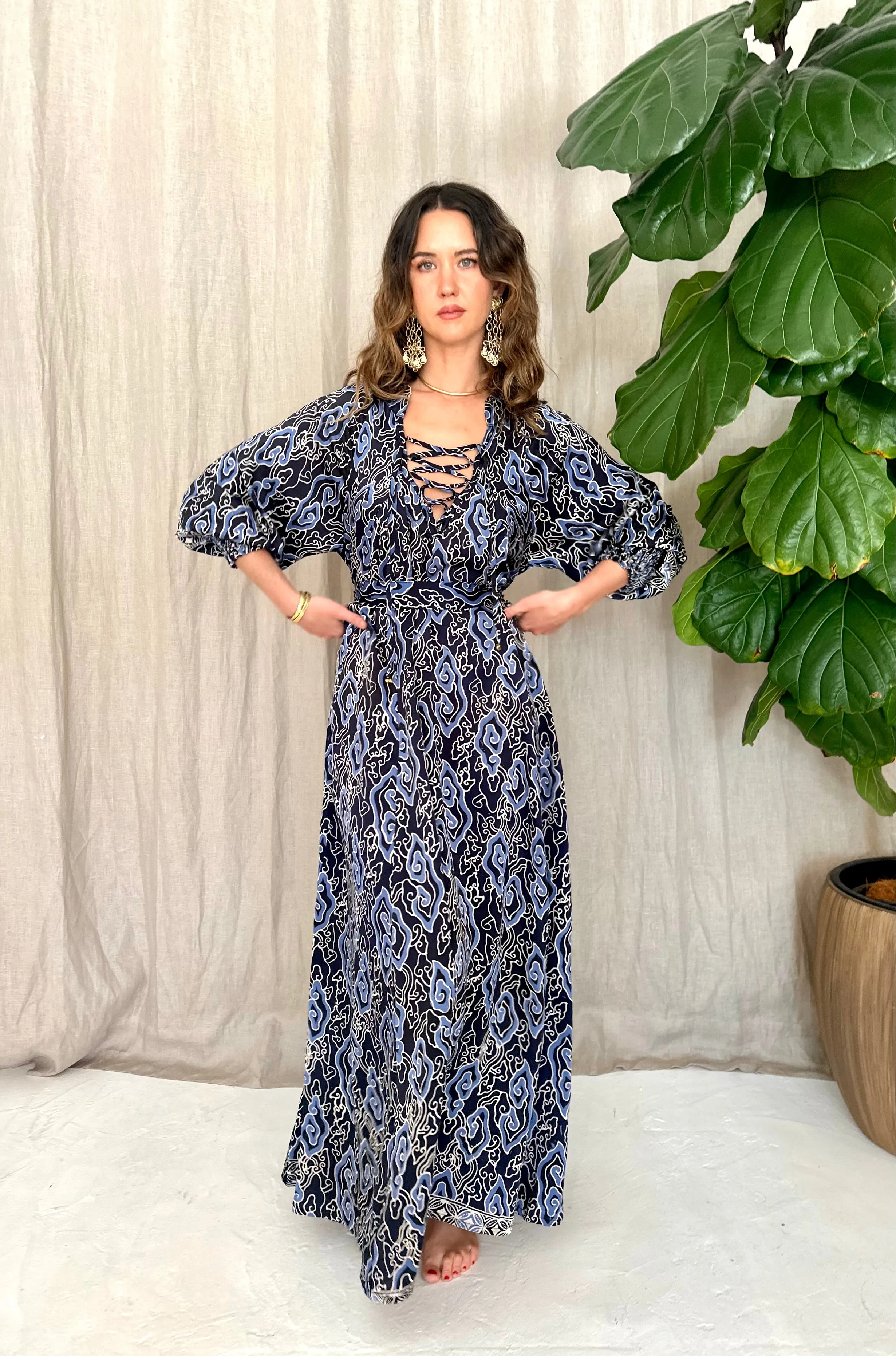 Azrou Silk Dress -cerulean & navy blue