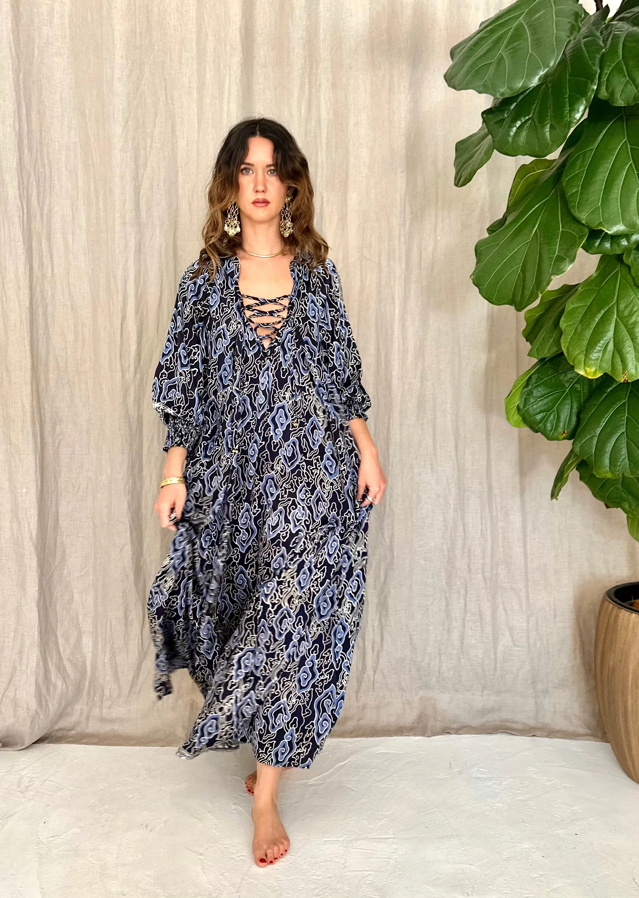 Azrou Silk Dress -cerulean & navy blue
