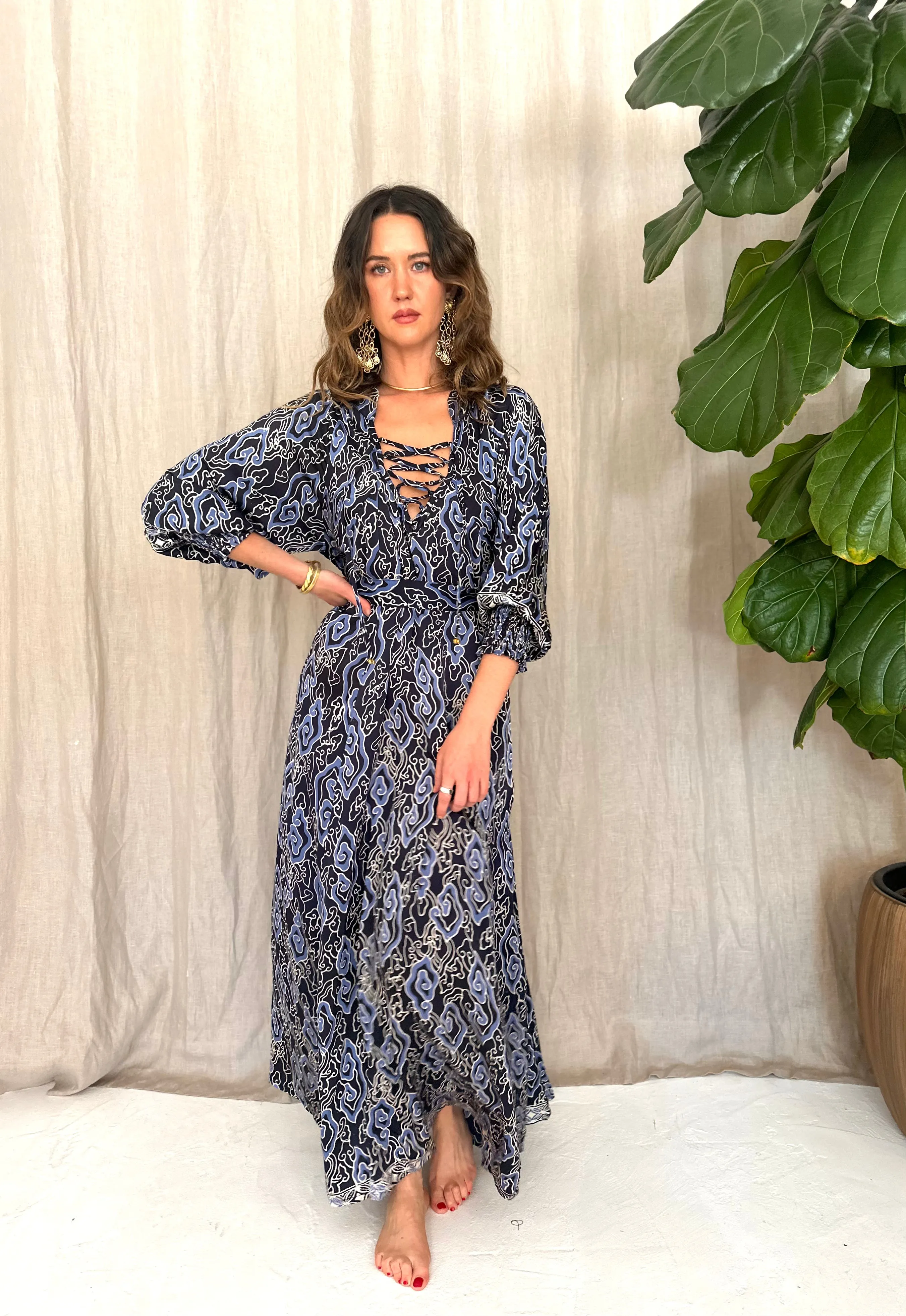 Azrou Silk Dress -cerulean & navy blue