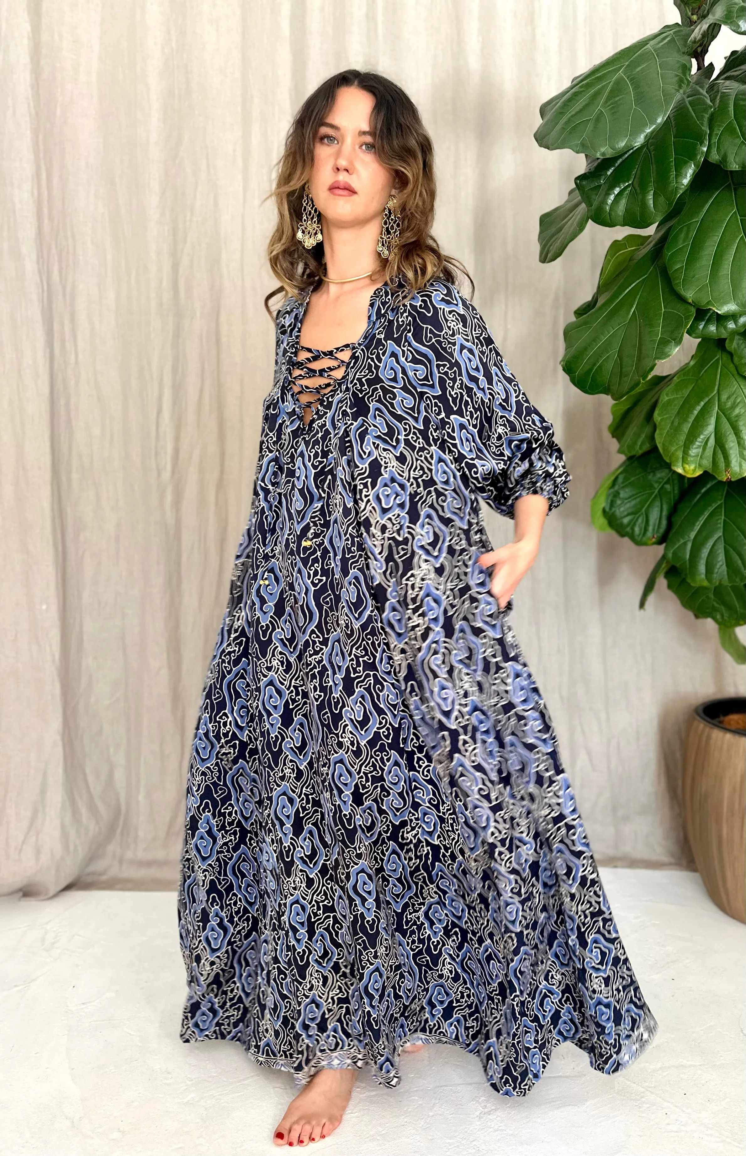 Azrou Silk Dress -cerulean & navy blue