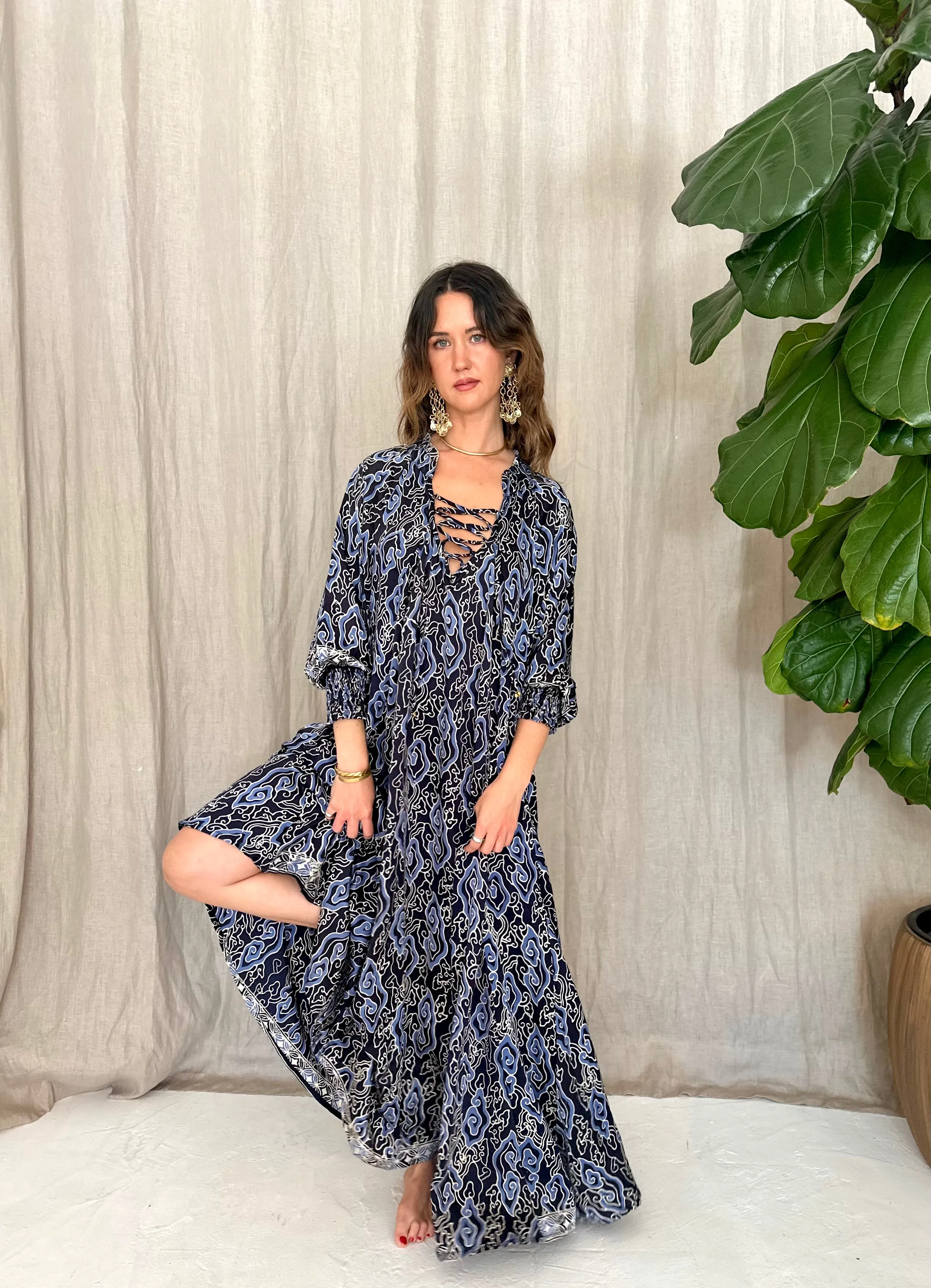 Azrou Silk Dress -cerulean & navy blue