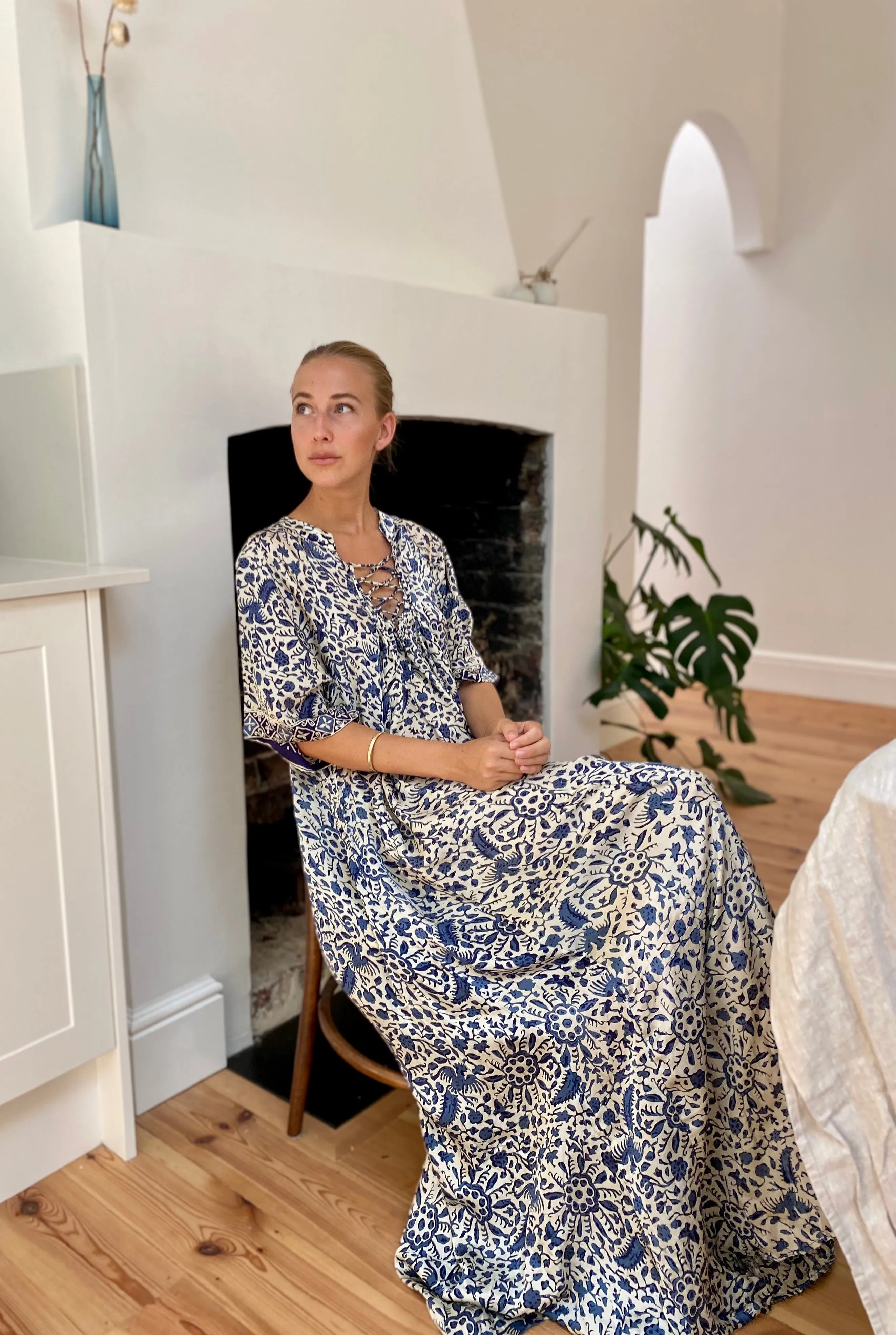 Azrou Silk Dress in Blue - short sleeve.