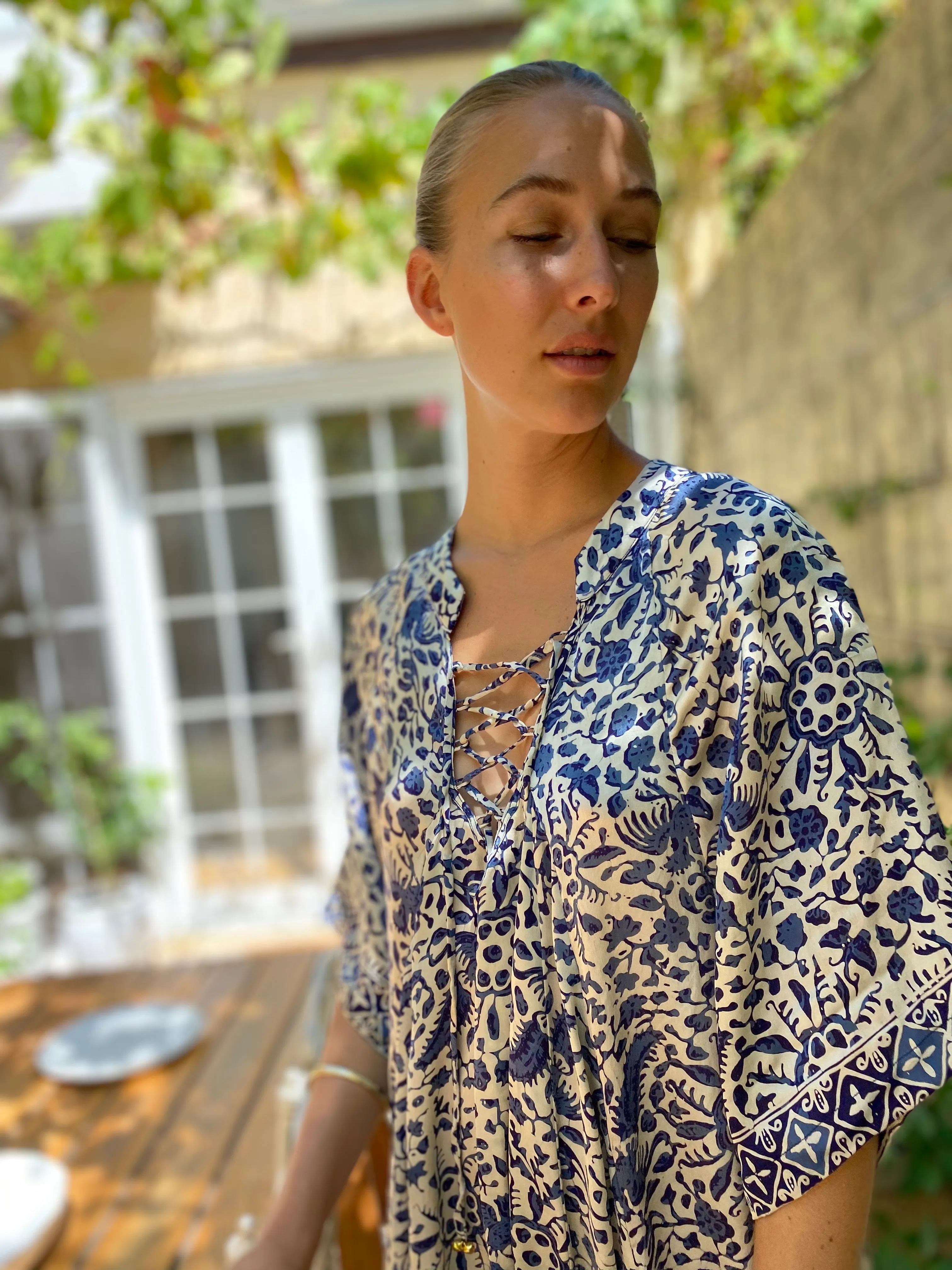 Azrou Silk Dress in Blue - short sleeve.