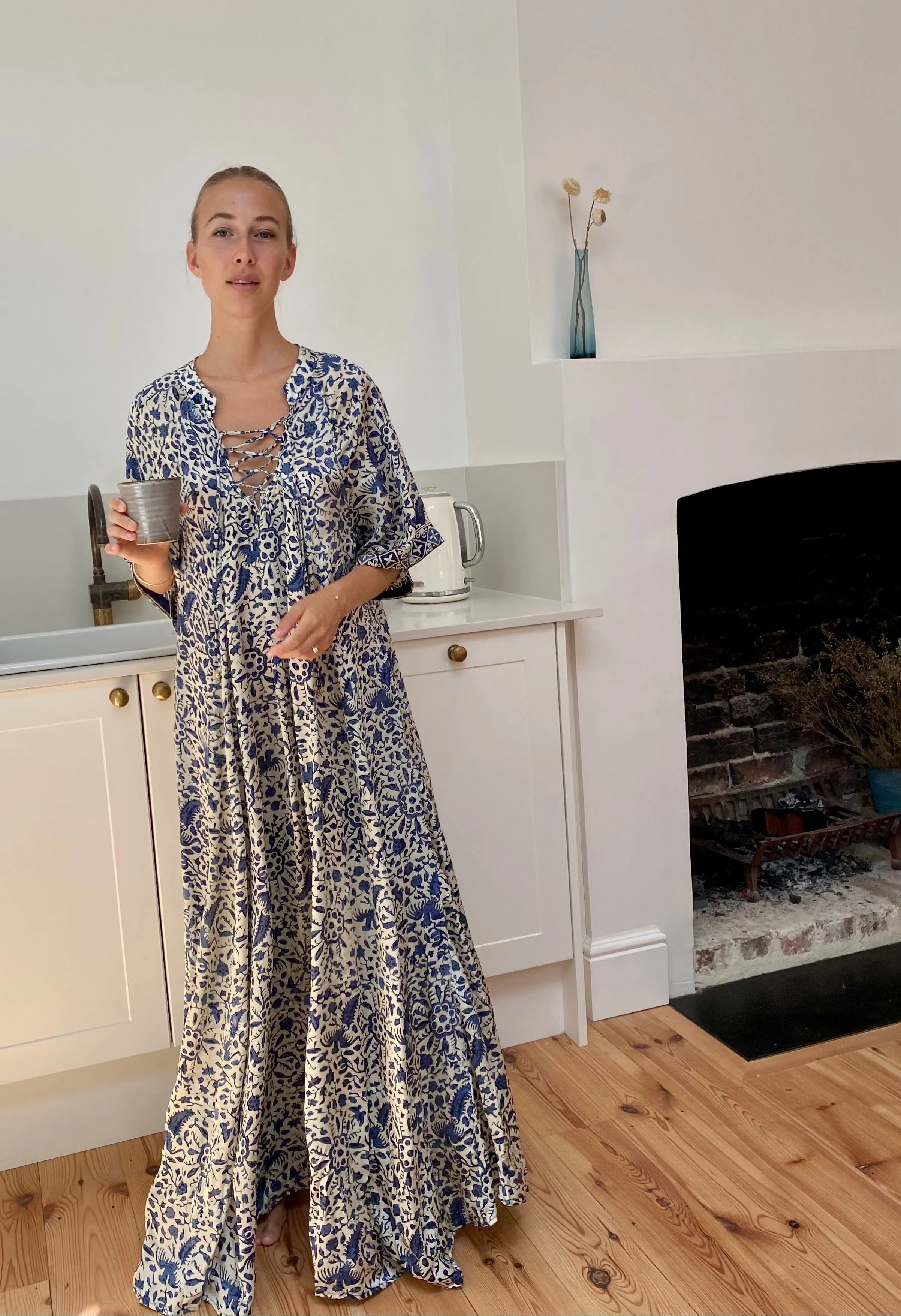 Azrou Silk Dress in Blue - short sleeve.