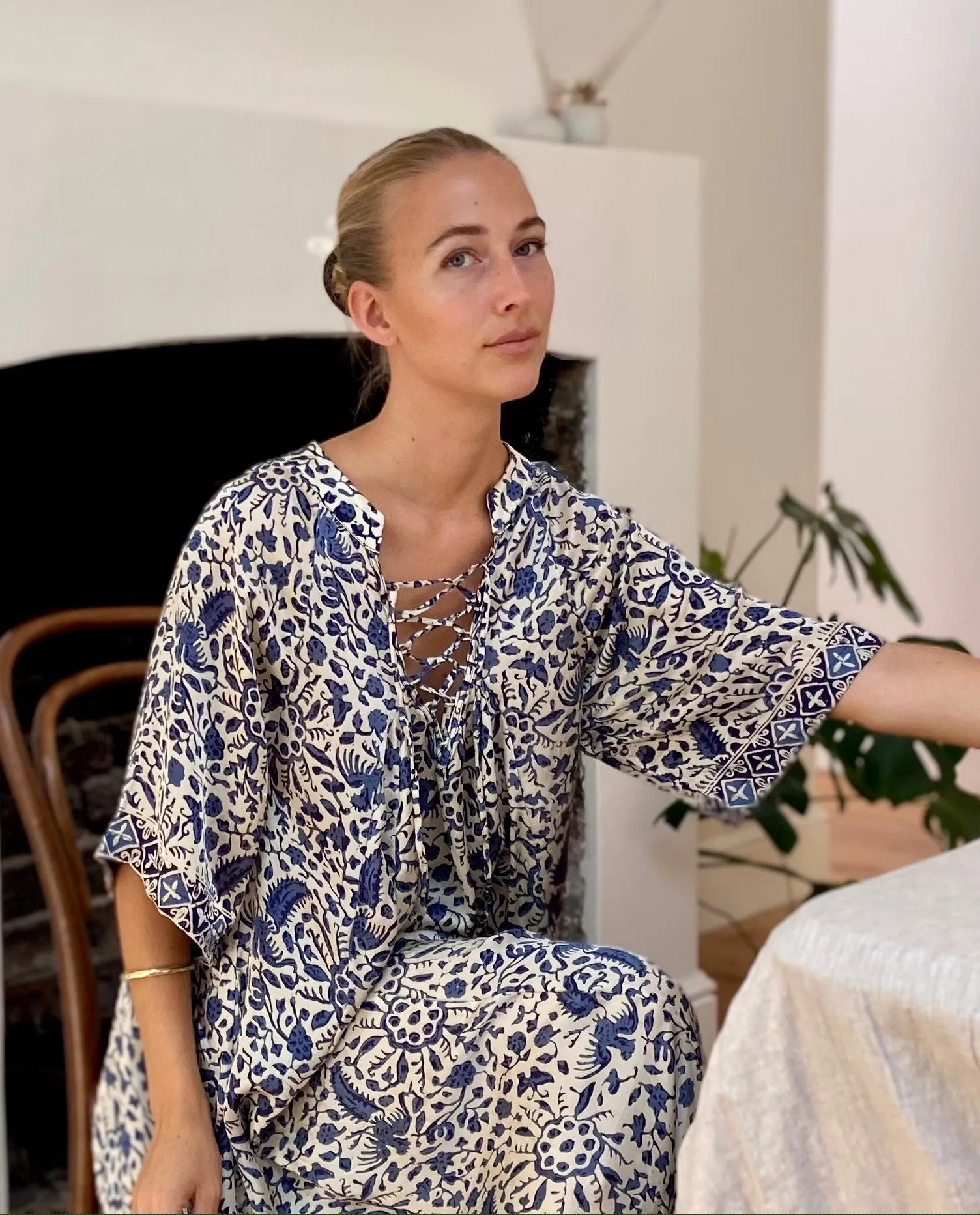 Azrou Silk Dress in Blue - short sleeve.
