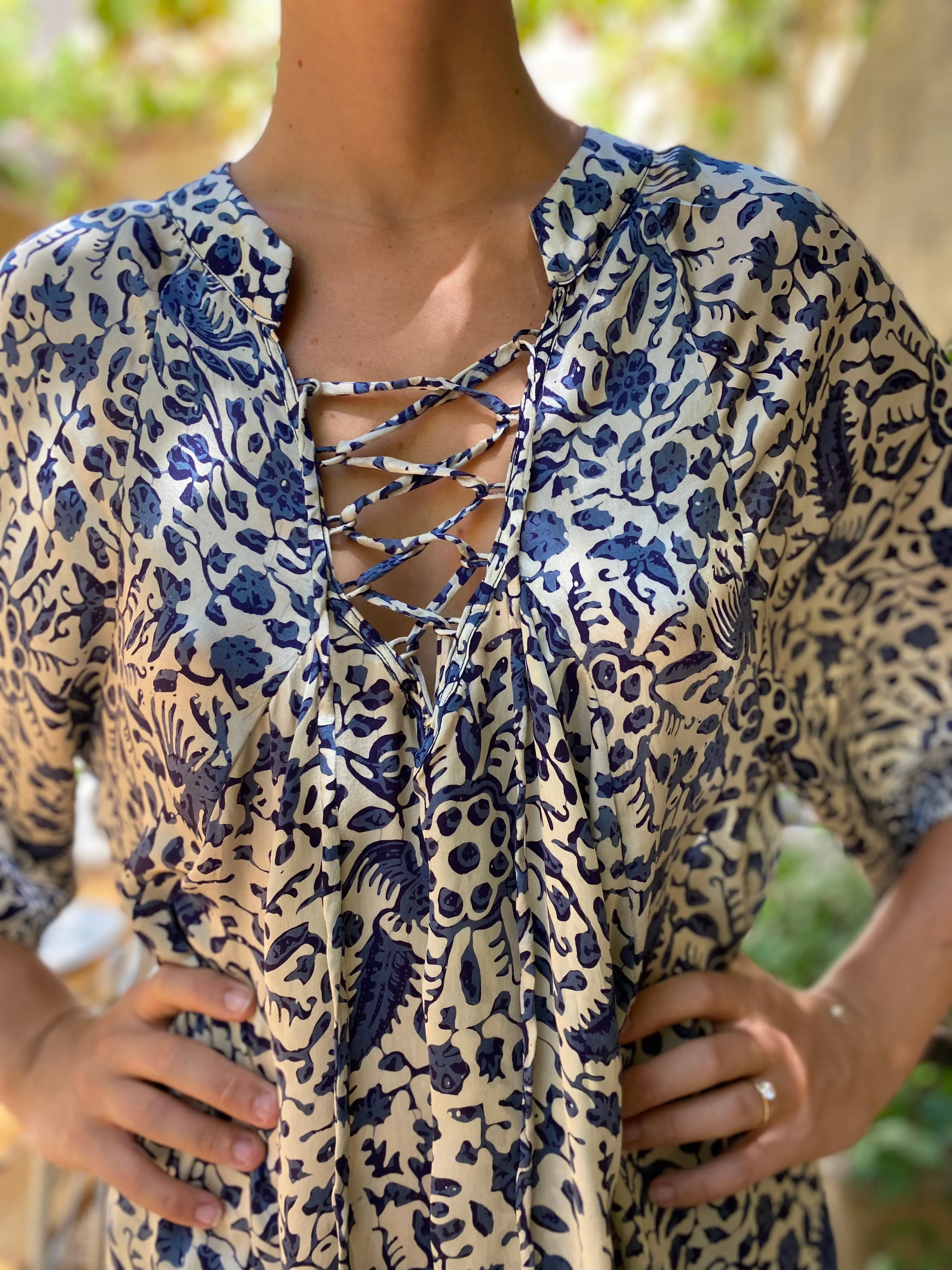 Azrou Silk Dress in Blue - short sleeve.