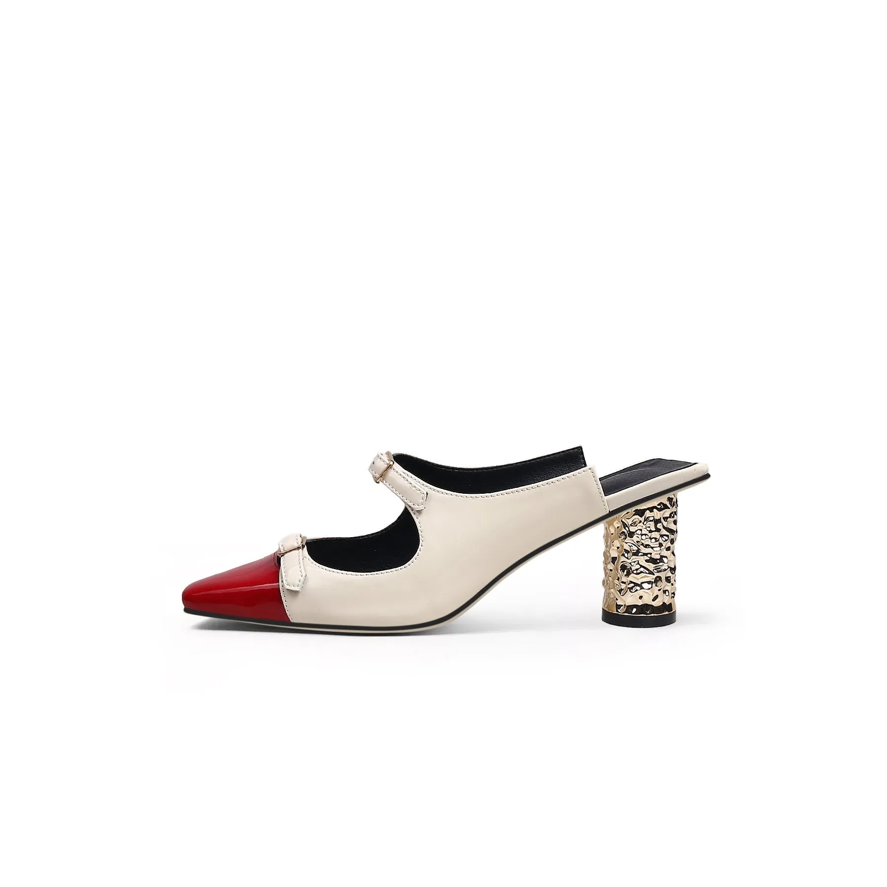 Bar-Accent Golden Mid Heel Leather Mules Loafers - Beige