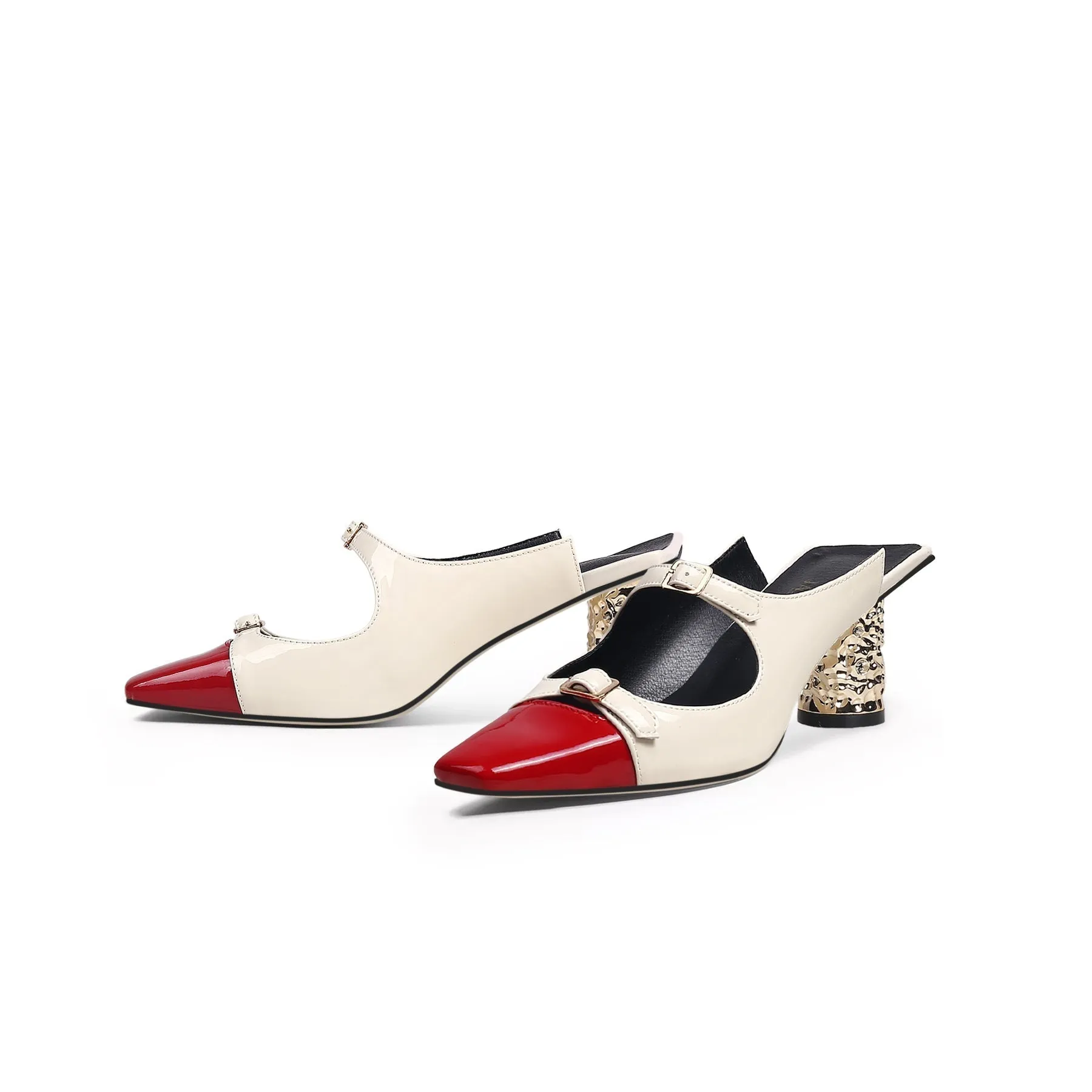 Bar-Accent Golden Mid Heel Leather Mules Loafers - Beige