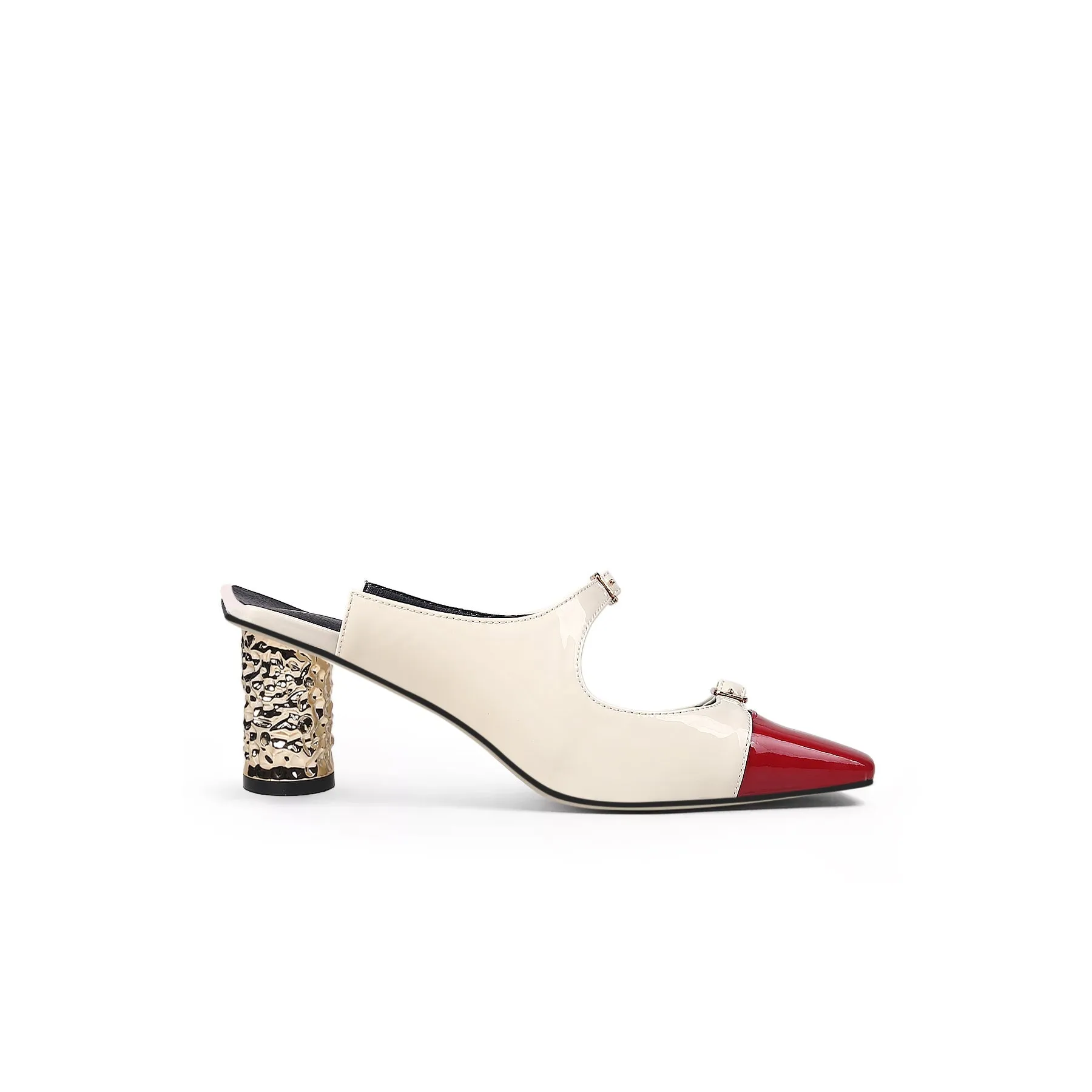 Bar-Accent Golden Mid Heel Leather Mules Loafers - Beige