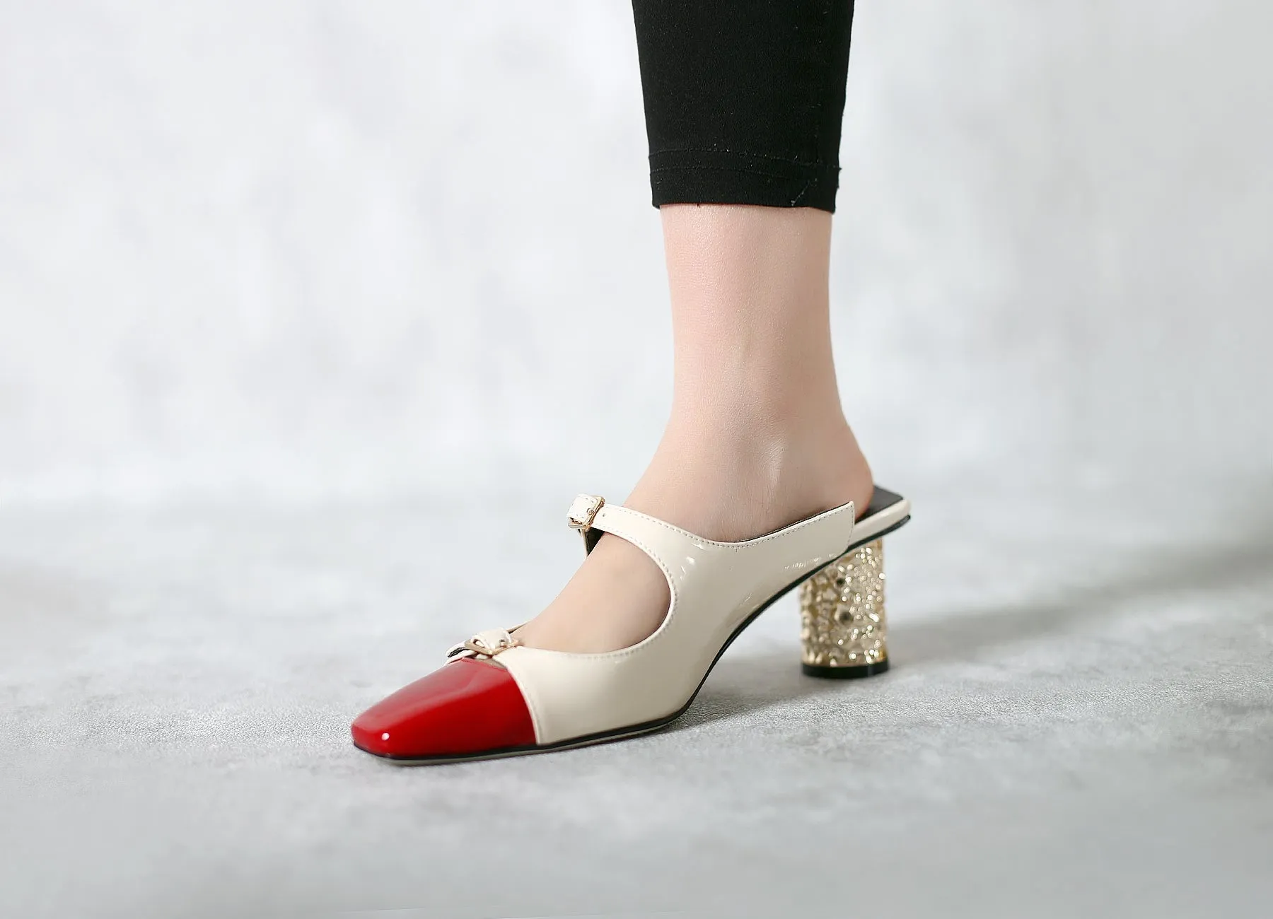 Bar-Accent Golden Mid Heel Leather Mules Loafers - Beige