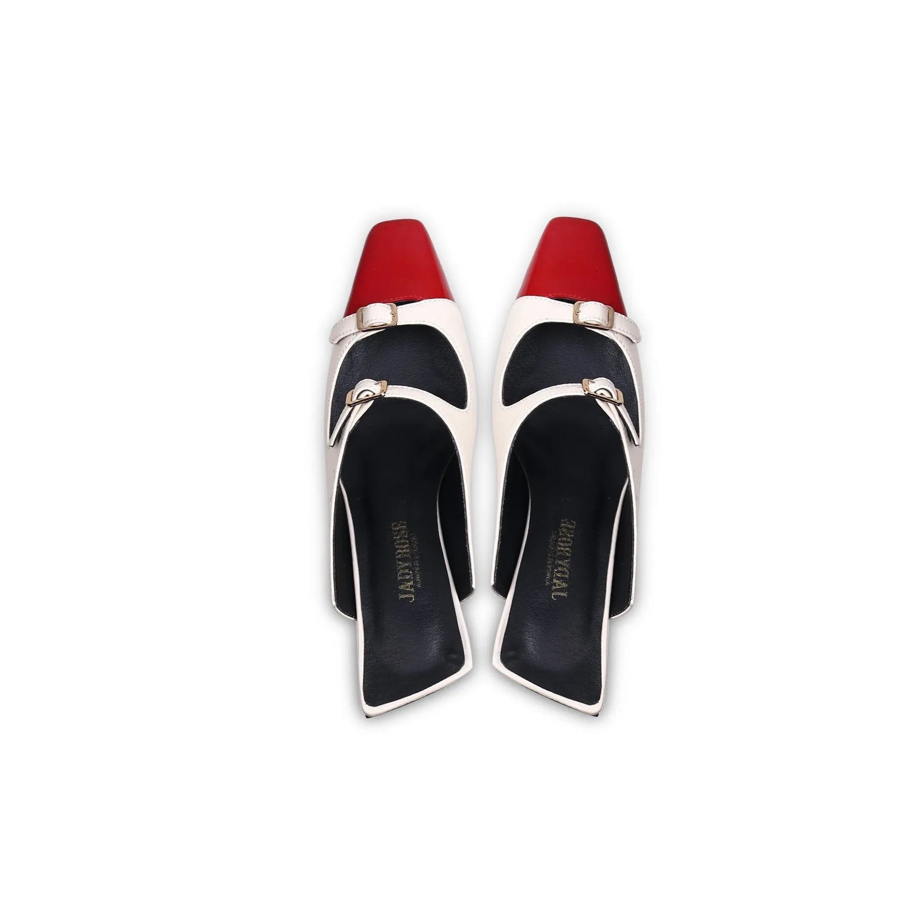 Bar-Accent Golden Mid Heel Leather Mules Loafers - Beige