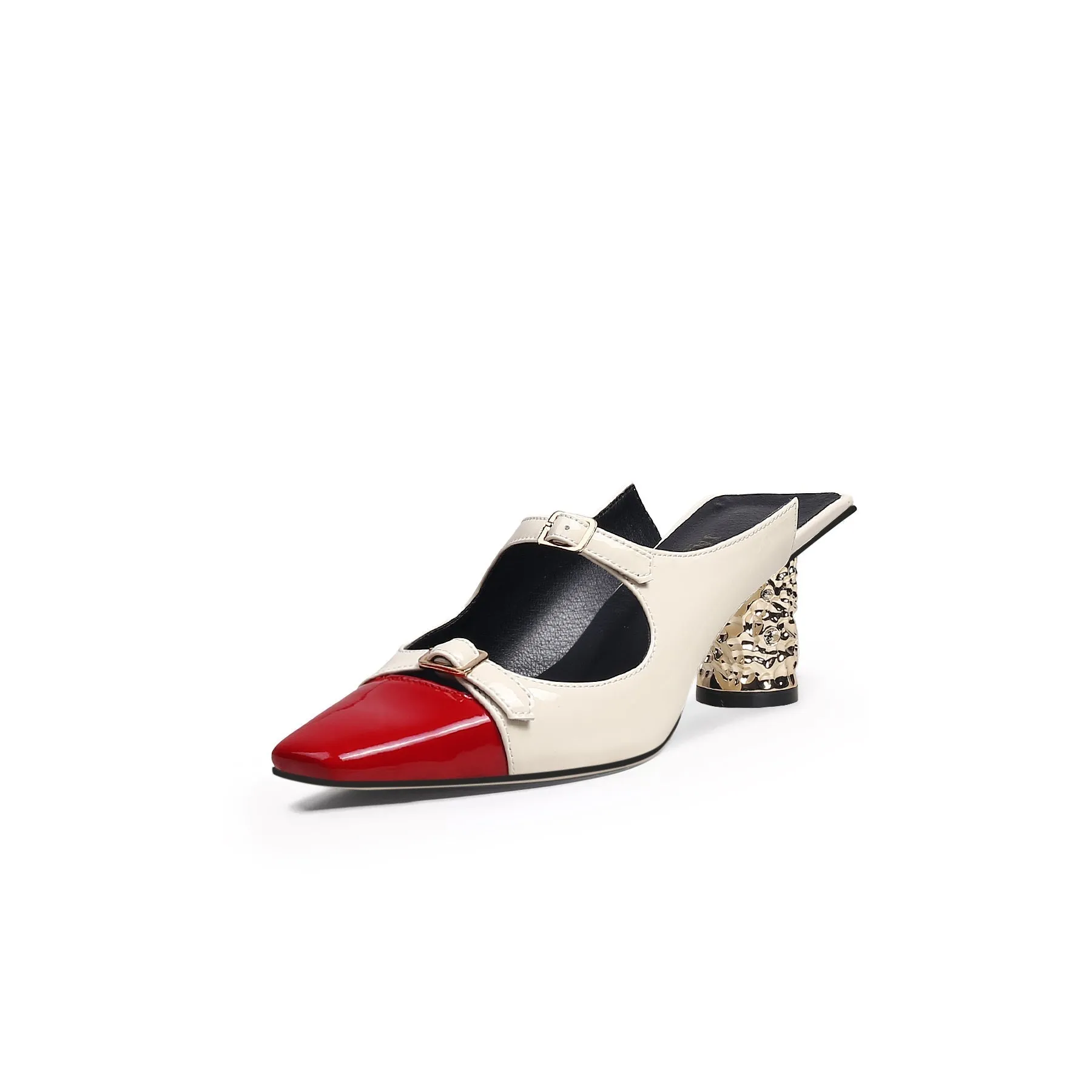 Bar-Accent Golden Mid Heel Leather Mules Loafers - Beige