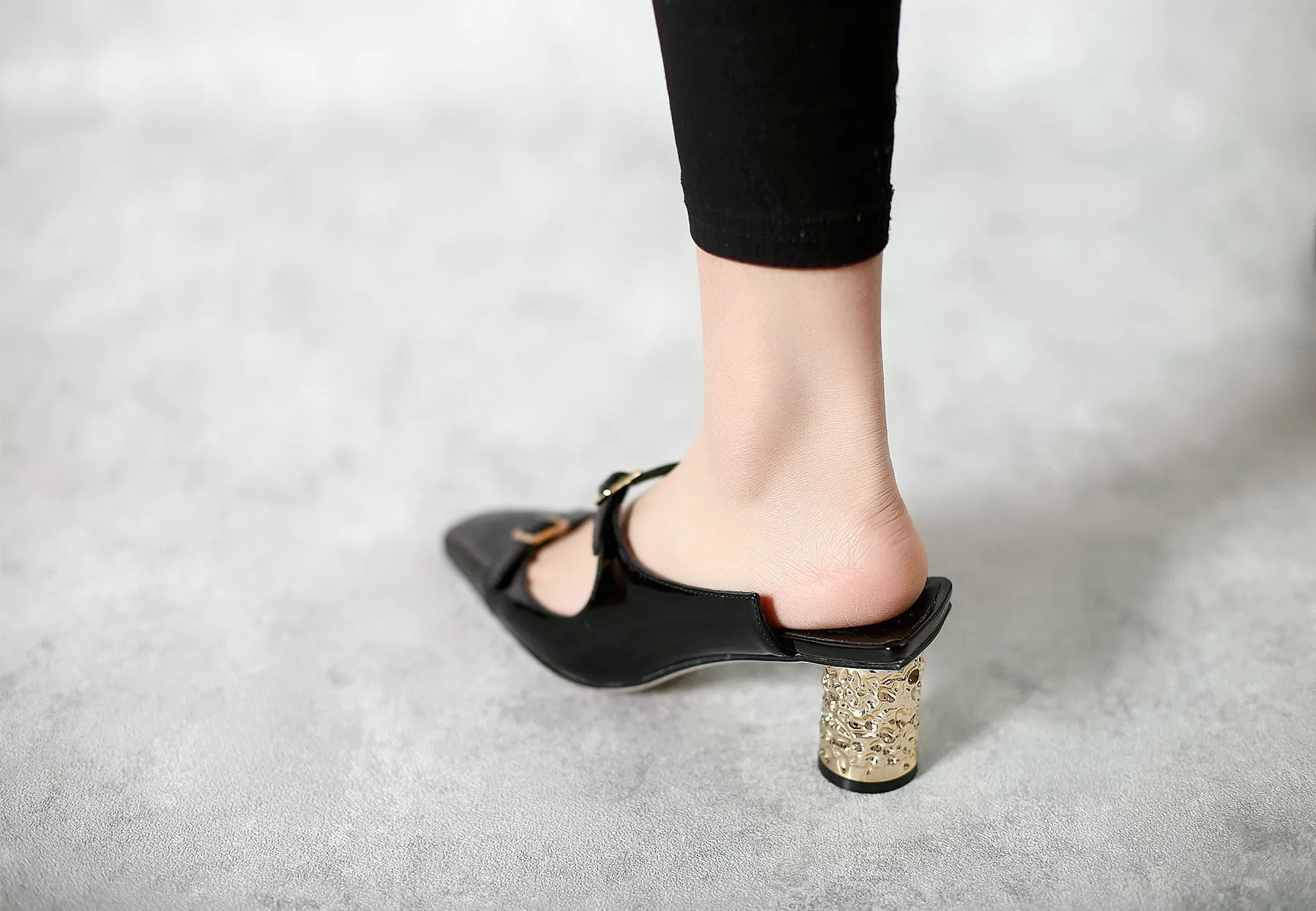 Bar-Accent Golden Mid Heel Leather Mules Loafers- Black