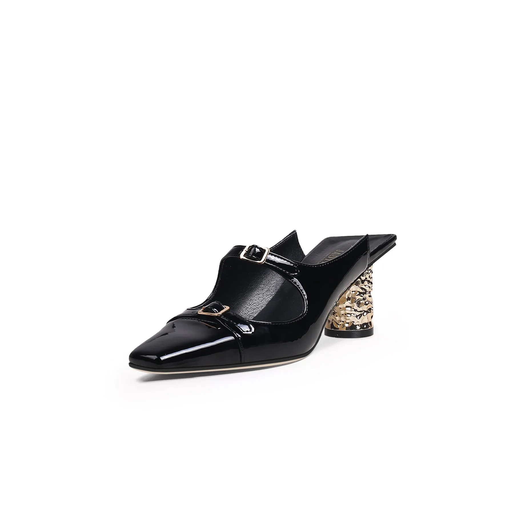 Bar-Accent Golden Mid Heel Leather Mules Loafers- Black