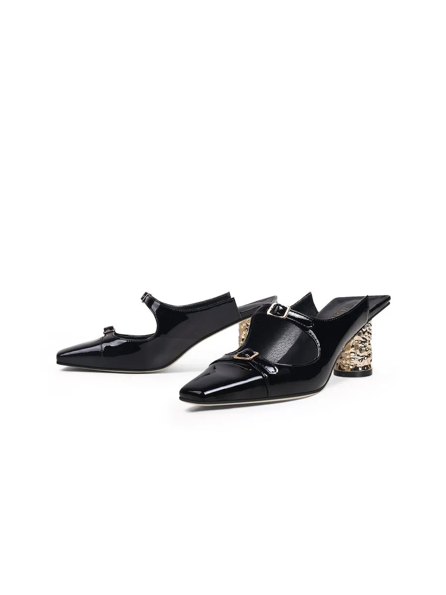Bar-Accent Golden Mid Heel Leather Mules Loafers- Black