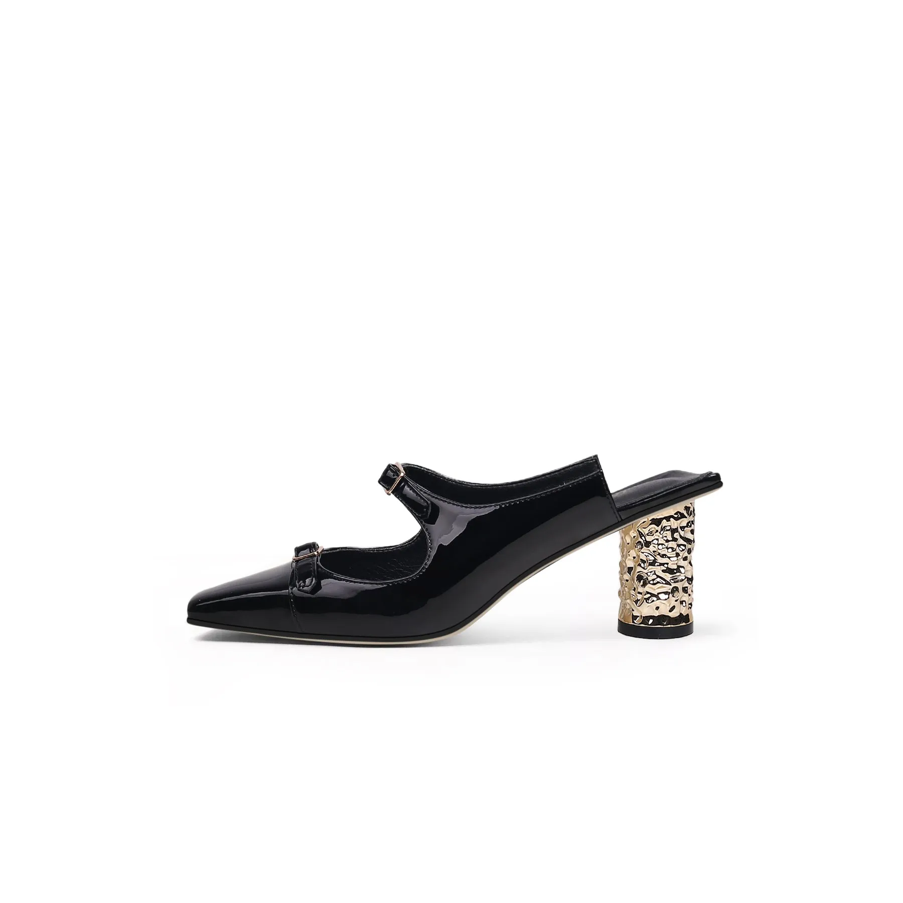 Bar-Accent Golden Mid Heel Leather Mules Loafers- Black