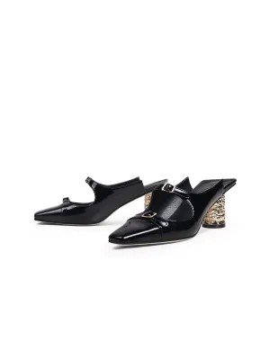 Bar-Accent Golden Mid Heel Leather Mules Loafers- Black