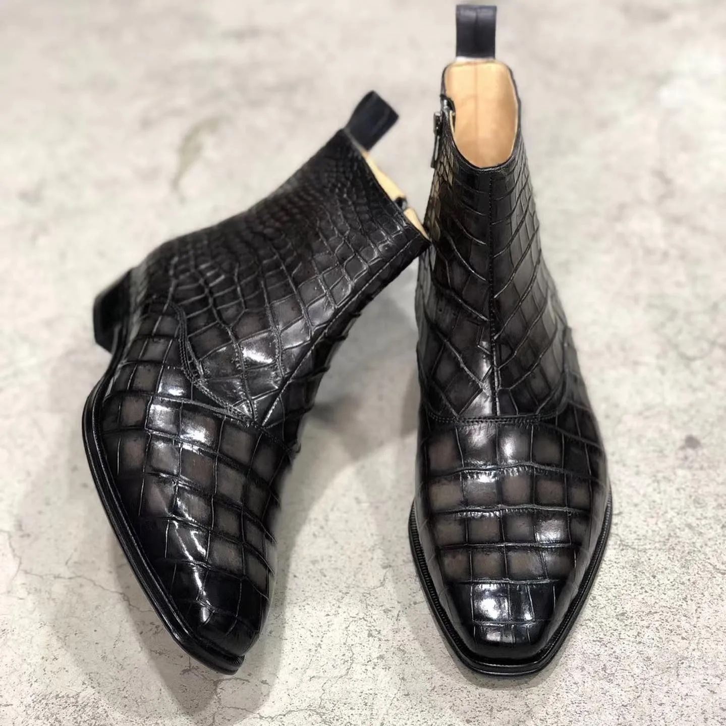 Black Crocodile Print Leather Slip On Zipper Boots - Alligator Print - Boots