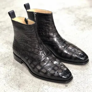 Black Crocodile Print Leather Slip On Zipper Boots - Alligator Print - Boots