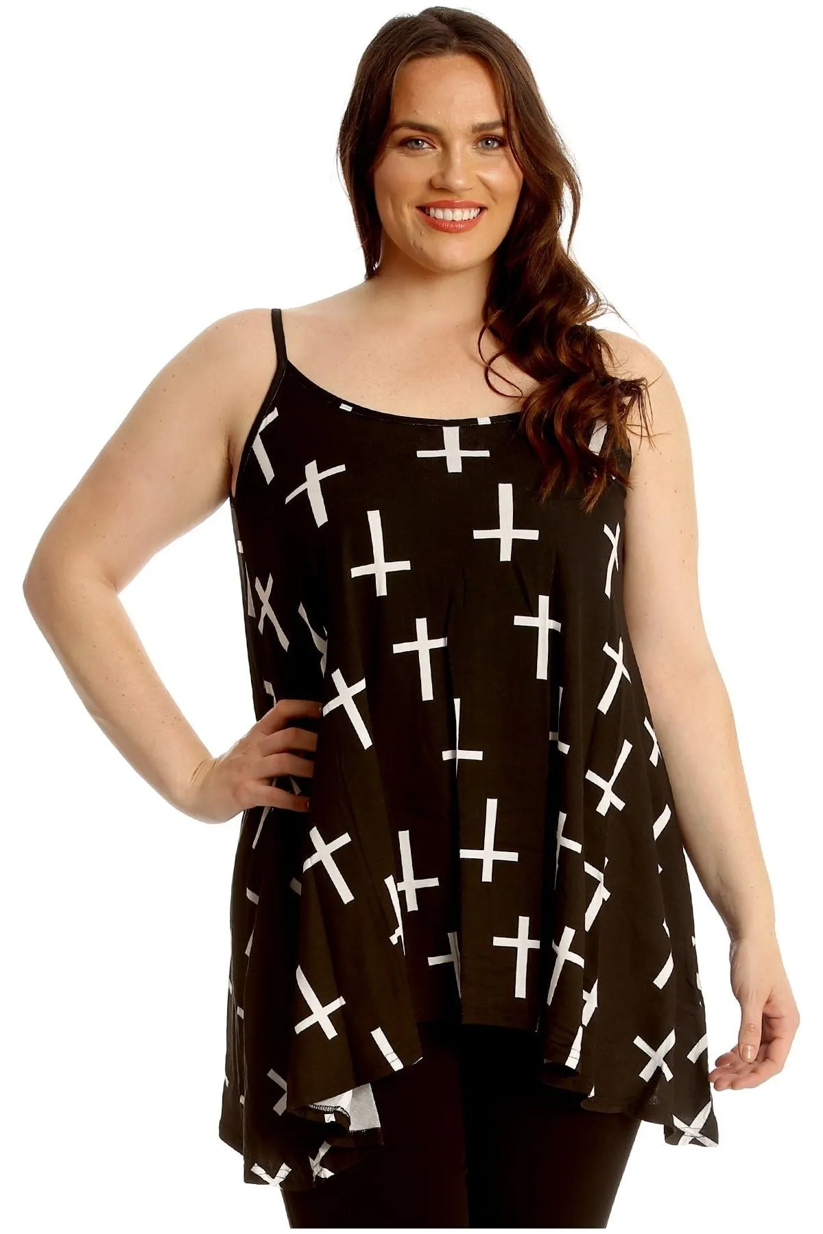 Black White Cross Print Strappy Dress Vest Top