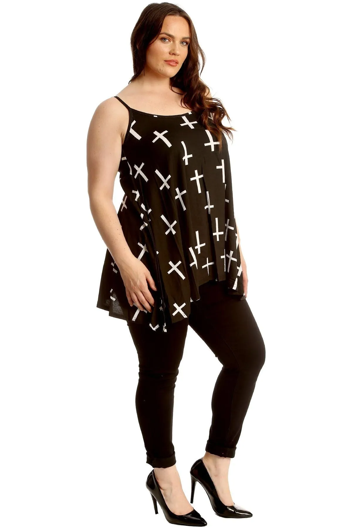 Black White Cross Print Strappy Dress Vest Top