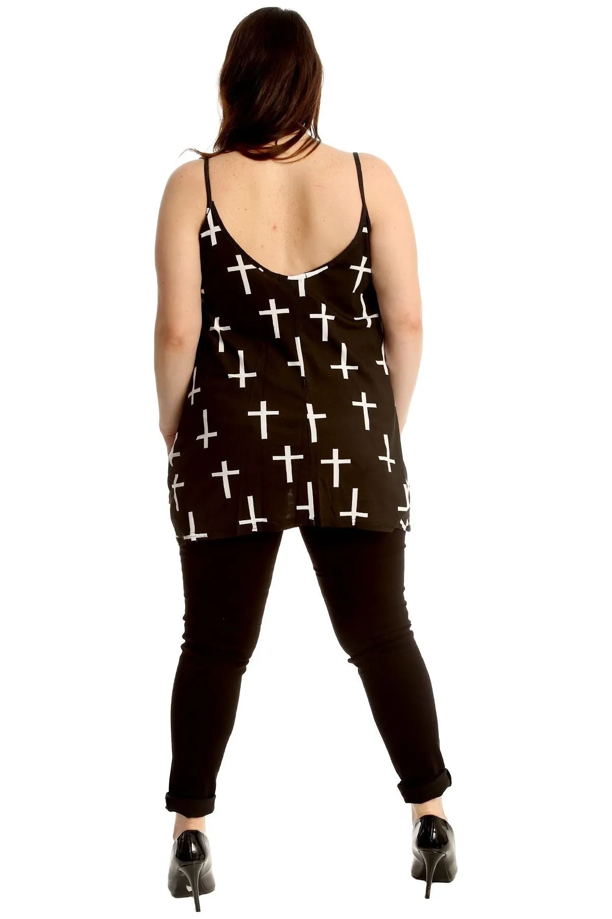 Black White Cross Print Strappy Dress Vest Top