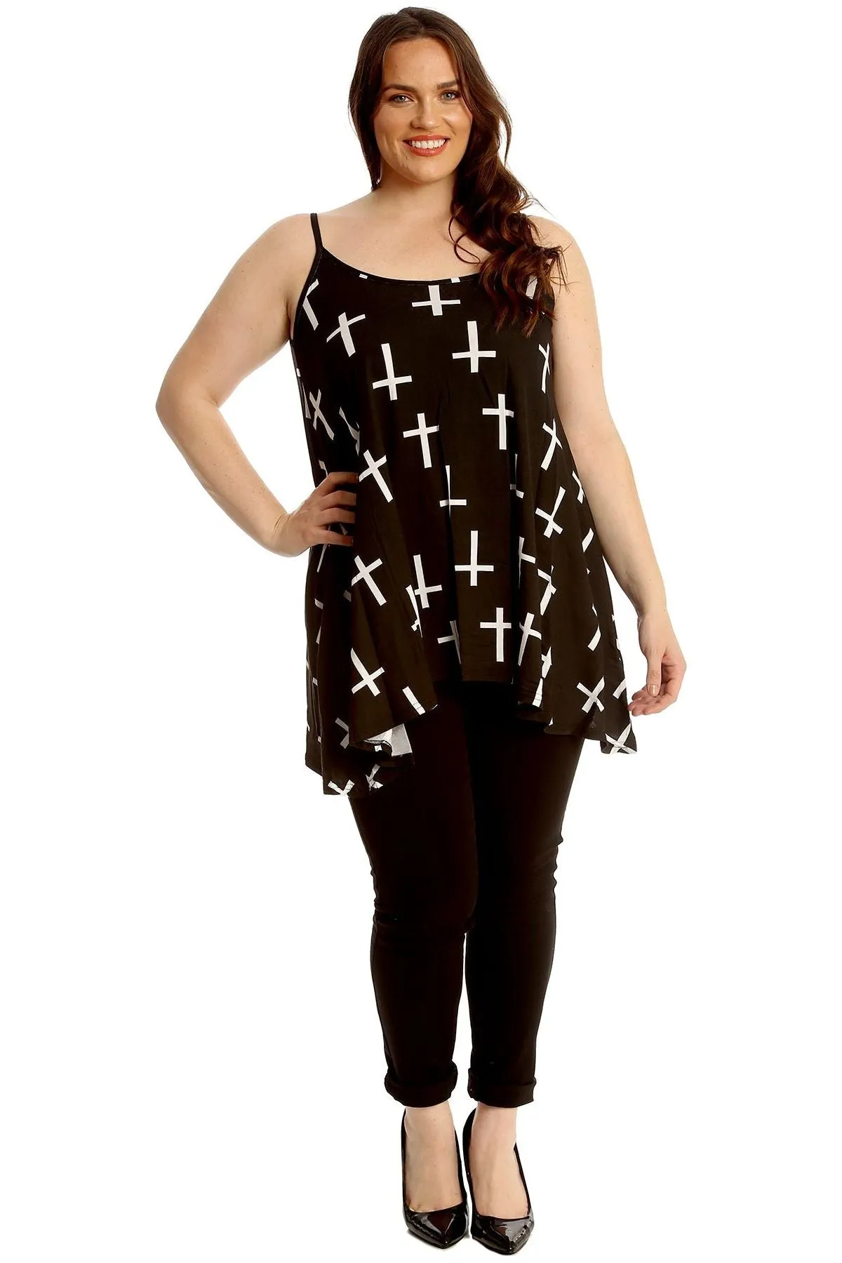 Black White Cross Print Strappy Dress Vest Top