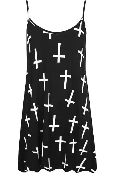 Black White Cross Print Strappy Dress Vest Top