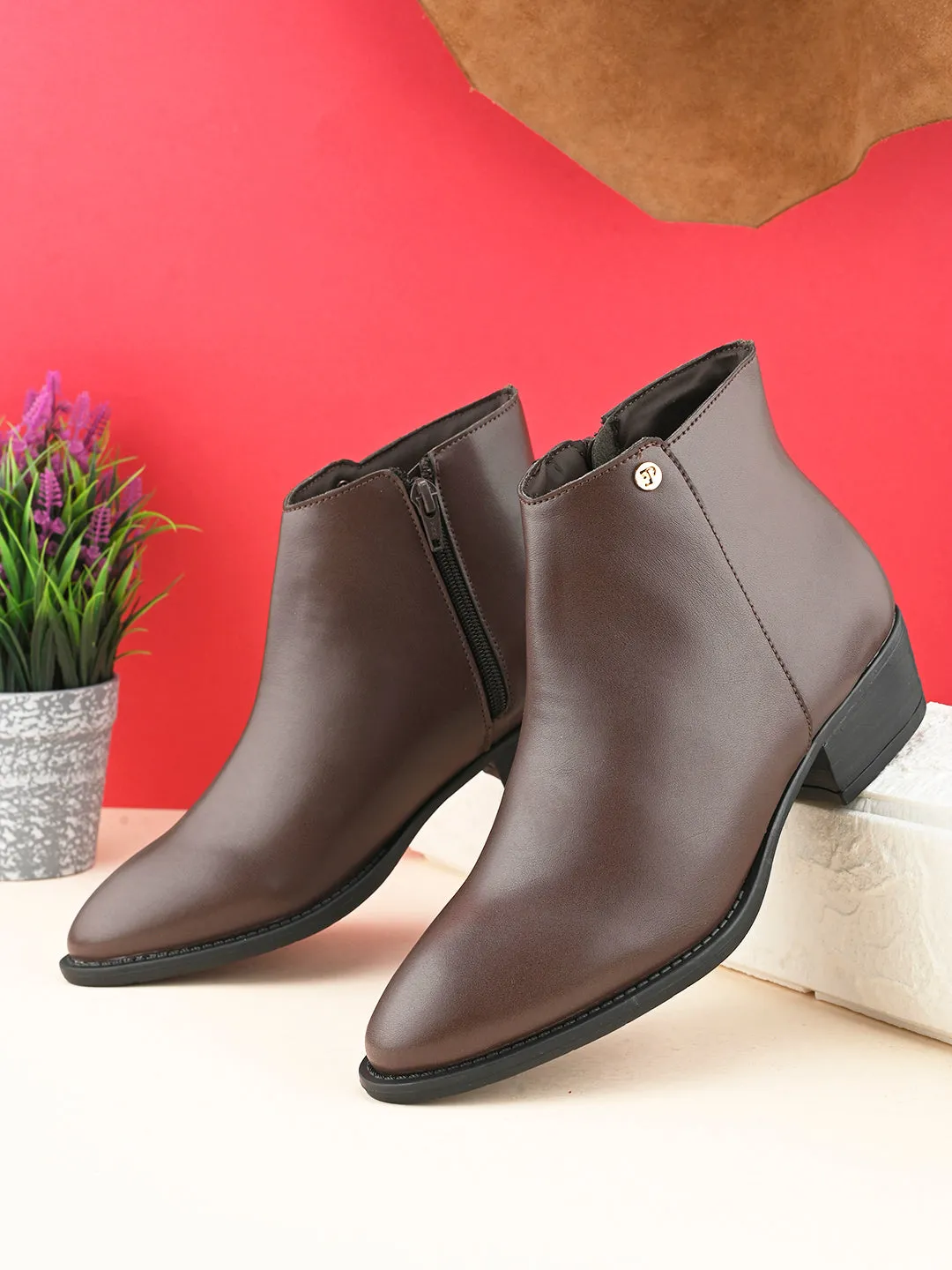 EL PASO Women Brown Faux Leather Casual Chelsea Boots