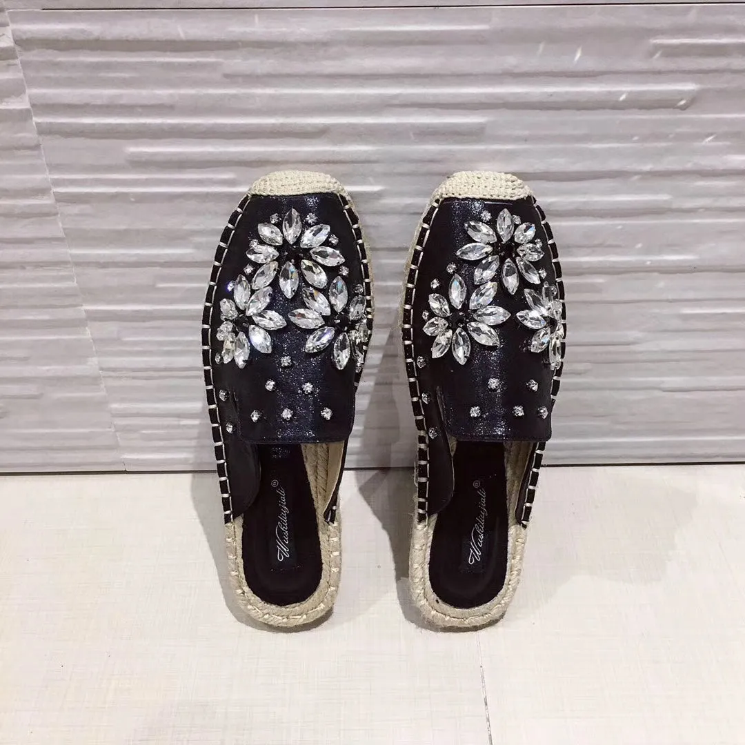 Embellished Crystal Slip On Rope Flats