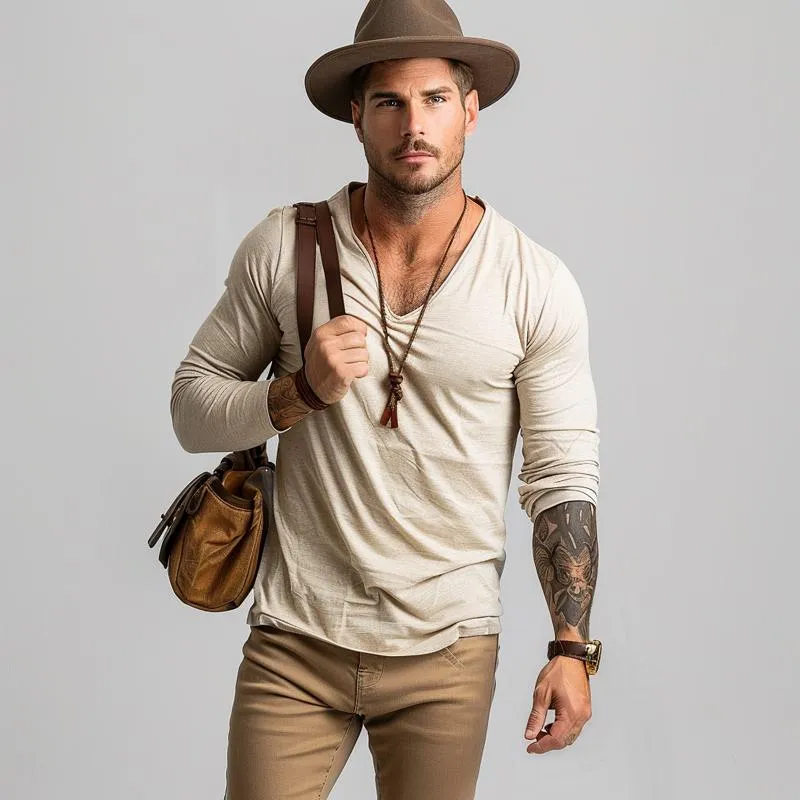 Helios - Men's Casual V-neck Slim Fit Long Sleeve T-shirt