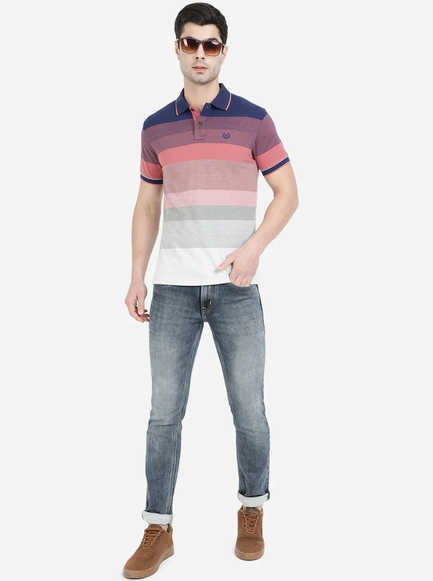 Light Pink & Blue Striped Slim Fit Polo T-Shirt | Greenfibre