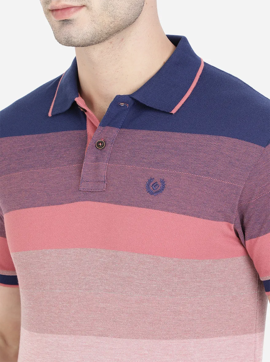 Light Pink & Blue Striped Slim Fit Polo T-Shirt | Greenfibre