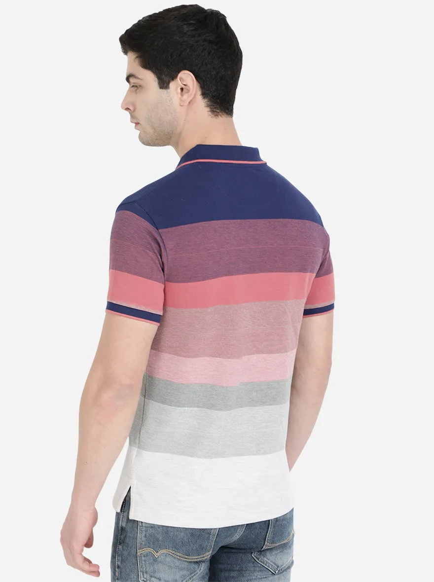 Light Pink & Blue Striped Slim Fit Polo T-Shirt | Greenfibre