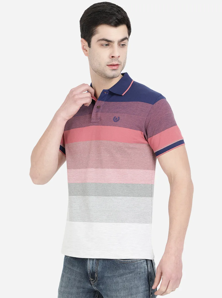 Light Pink & Blue Striped Slim Fit Polo T-Shirt | Greenfibre