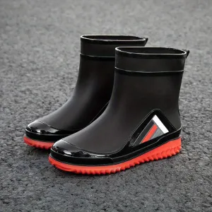 Men's Solid Color Slip On Waterproof Mid Top Rain Boots, Comfy Non Slip Adjustable Drawstring Durable Water Shoes For Rainy Day Outdoor Activities