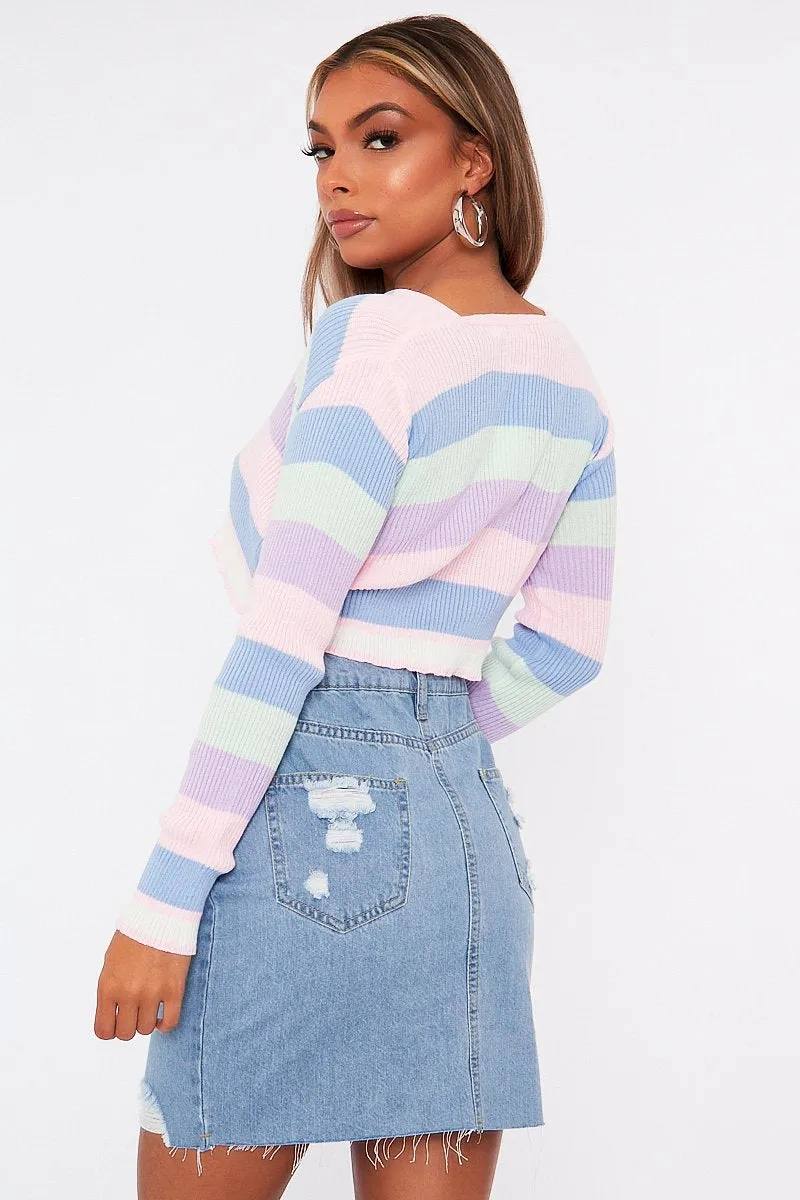 Multi Pastel Colour Tie Front Knit Top - Irah