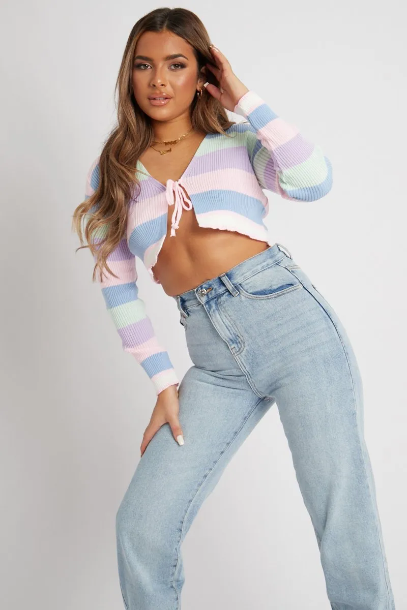 Multi Pastel Colour Tie Front Knit Top - Irah