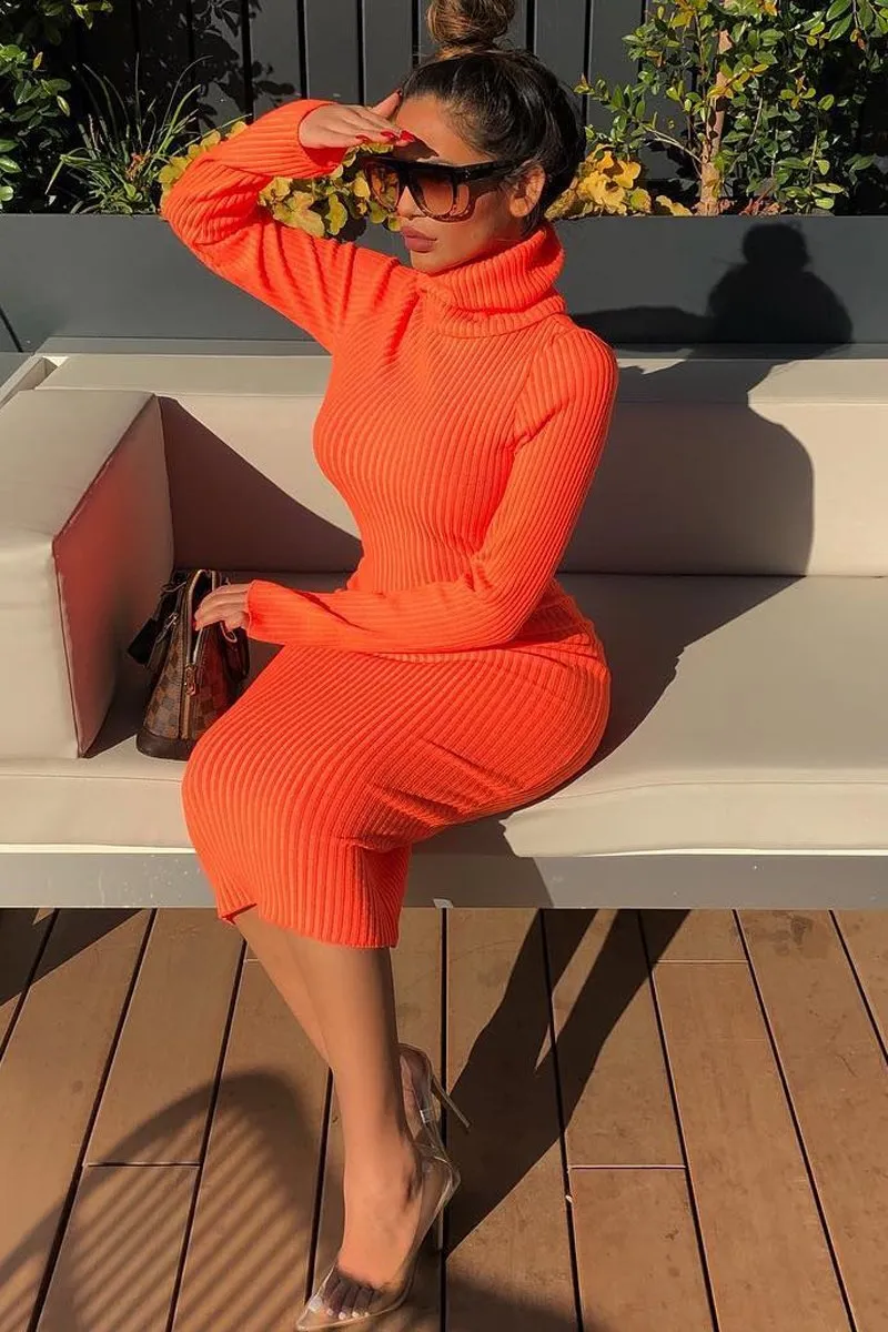Neon Orange Roll Neck Rib Midi Jumper Dress - Giana