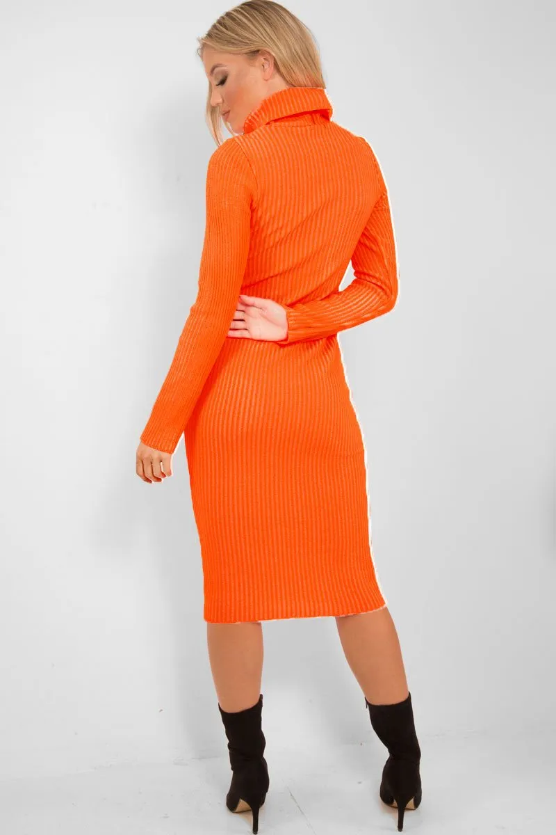 Neon Orange Roll Neck Rib Midi Jumper Dress - Giana