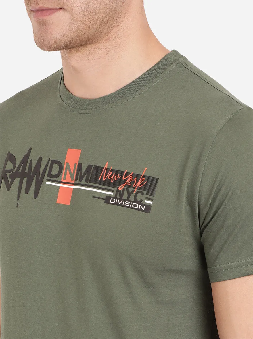 Olive Green Printed Slim Fit T-Shirt | Greenfibre