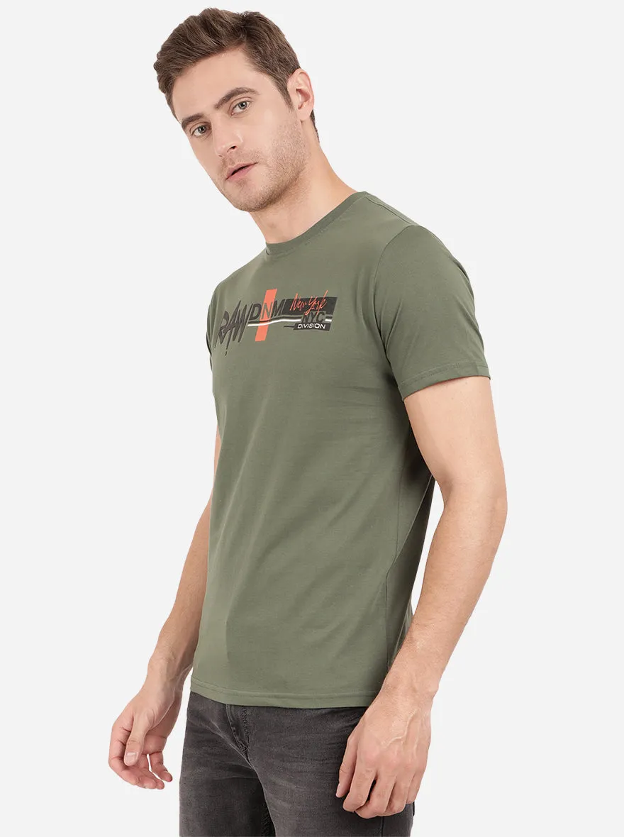 Olive Green Printed Slim Fit T-Shirt | Greenfibre