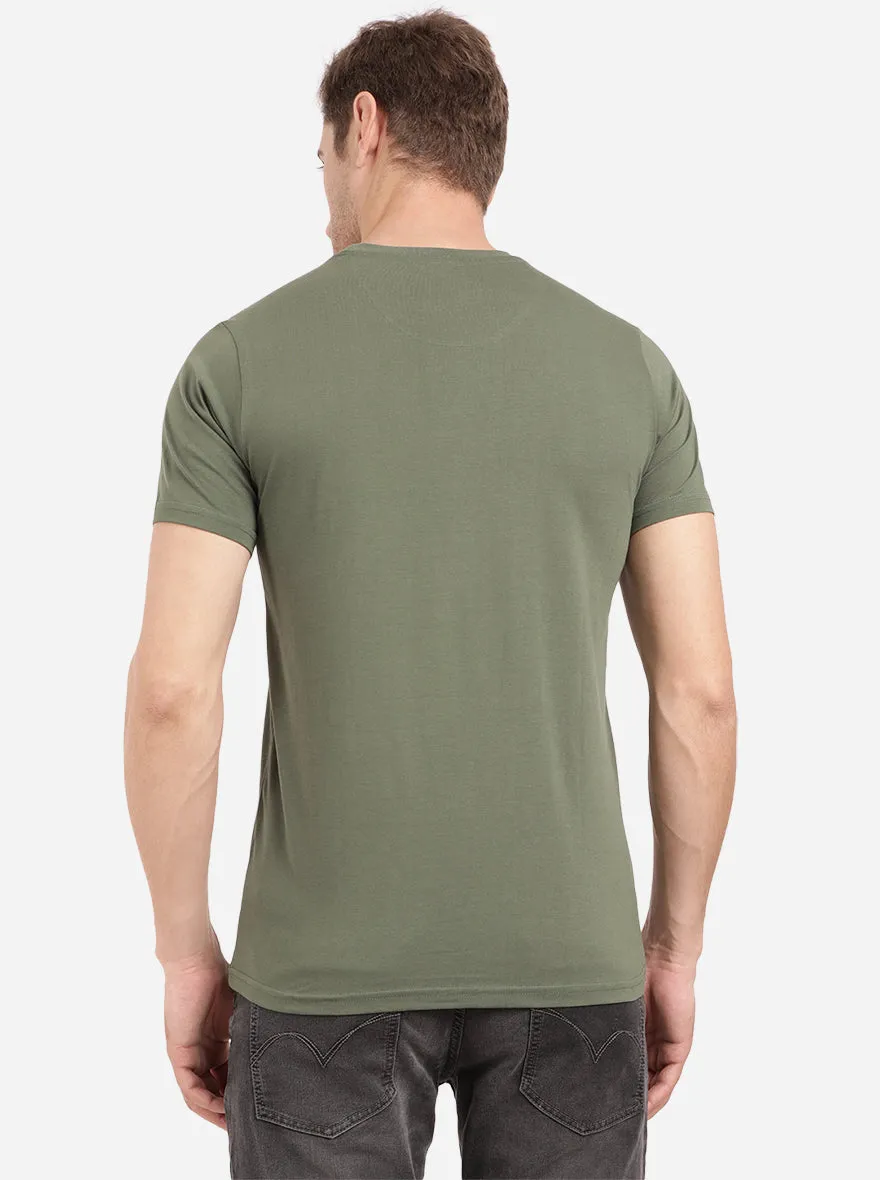 Olive Green Printed Slim Fit T-Shirt | Greenfibre