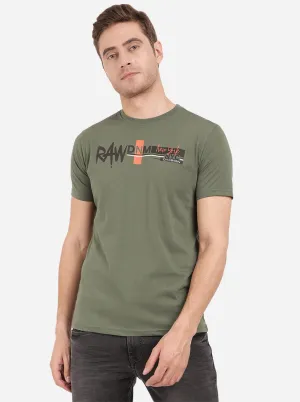 Olive Green Printed Slim Fit T-Shirt | Greenfibre