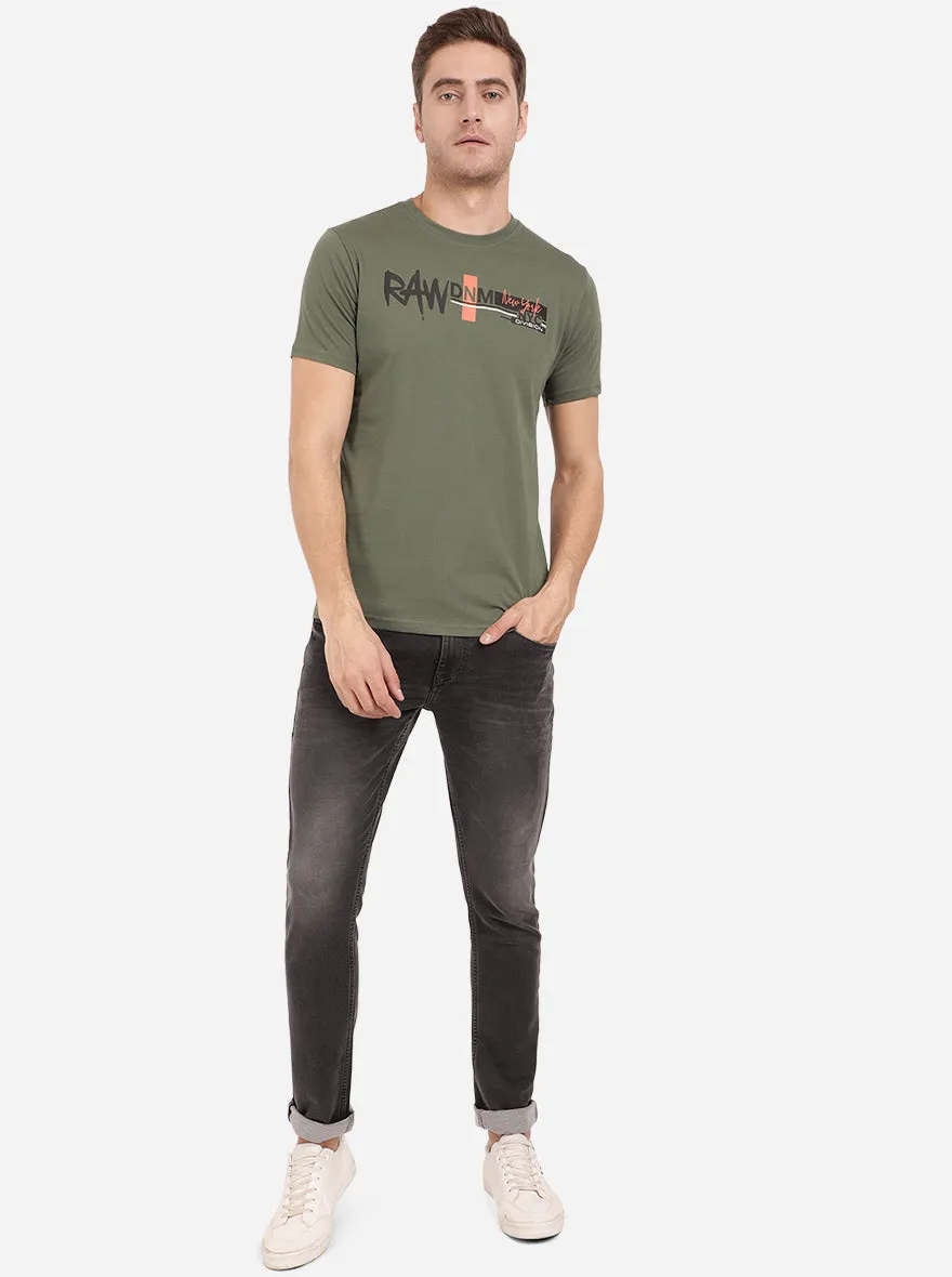 Olive Green Printed Slim Fit T-Shirt | Greenfibre