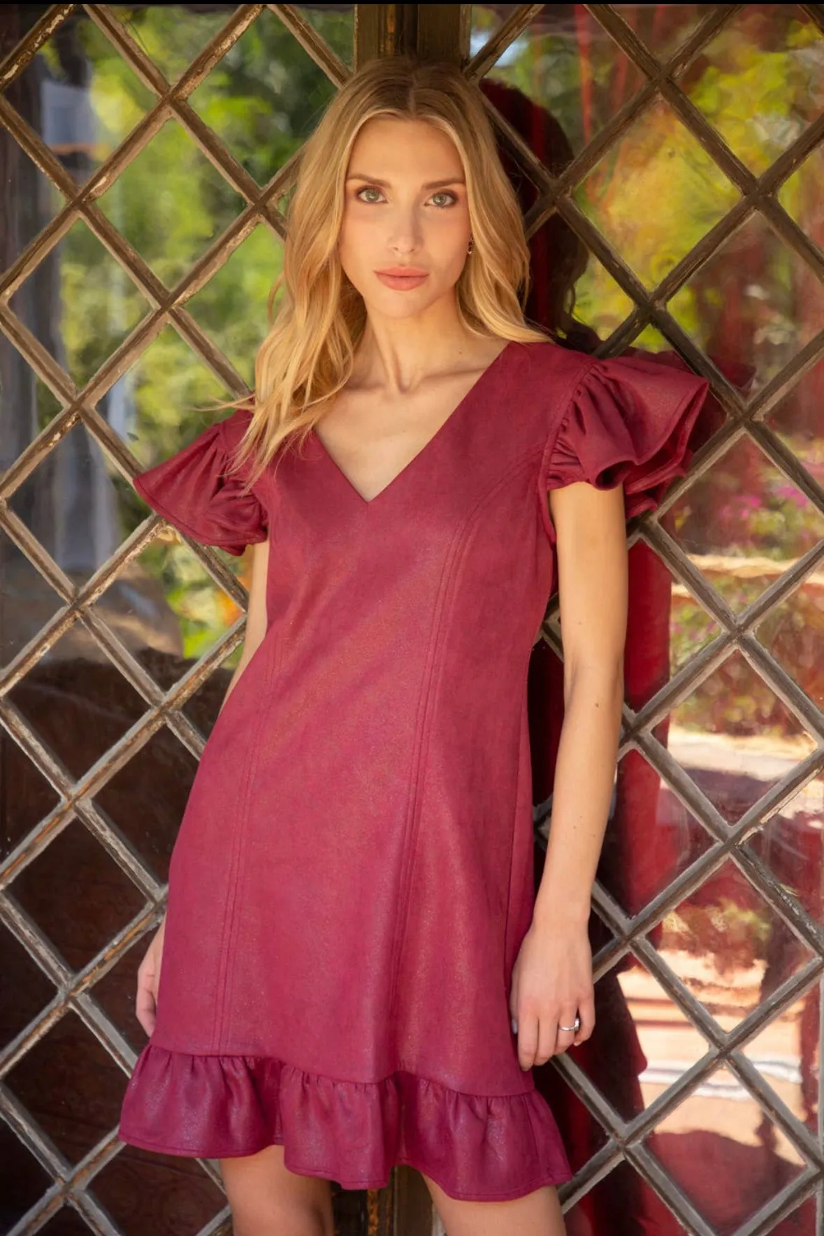 PHILOMINA RUFFLED HEM SUEDE MINI DRESS